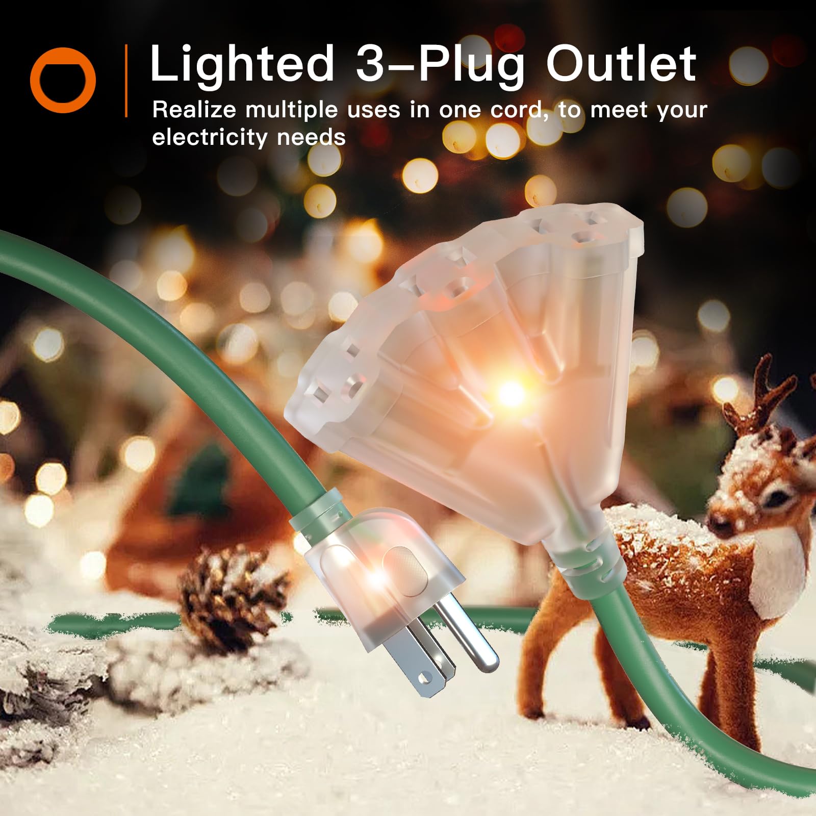 Addlon 25Ft 16/3 Lighted Outdoor Extension Cord With 3 Plug Outlet, Heavy Duty Extension Cord With 3 Prong Grounded Plug For Saf