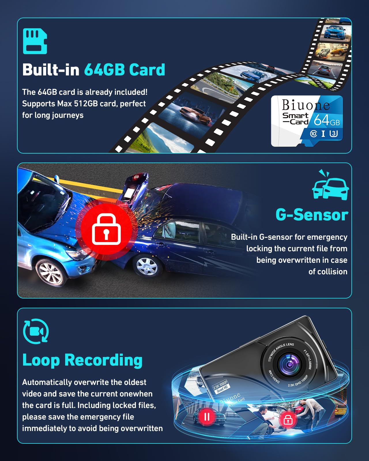 Dash Cam Front And Rear, 2.5K Dual Dash Camera For Cars W/ 64Gb Card,3  Ips Screen Dash Cam Built-In 5G Wifi, Car Camera With G-