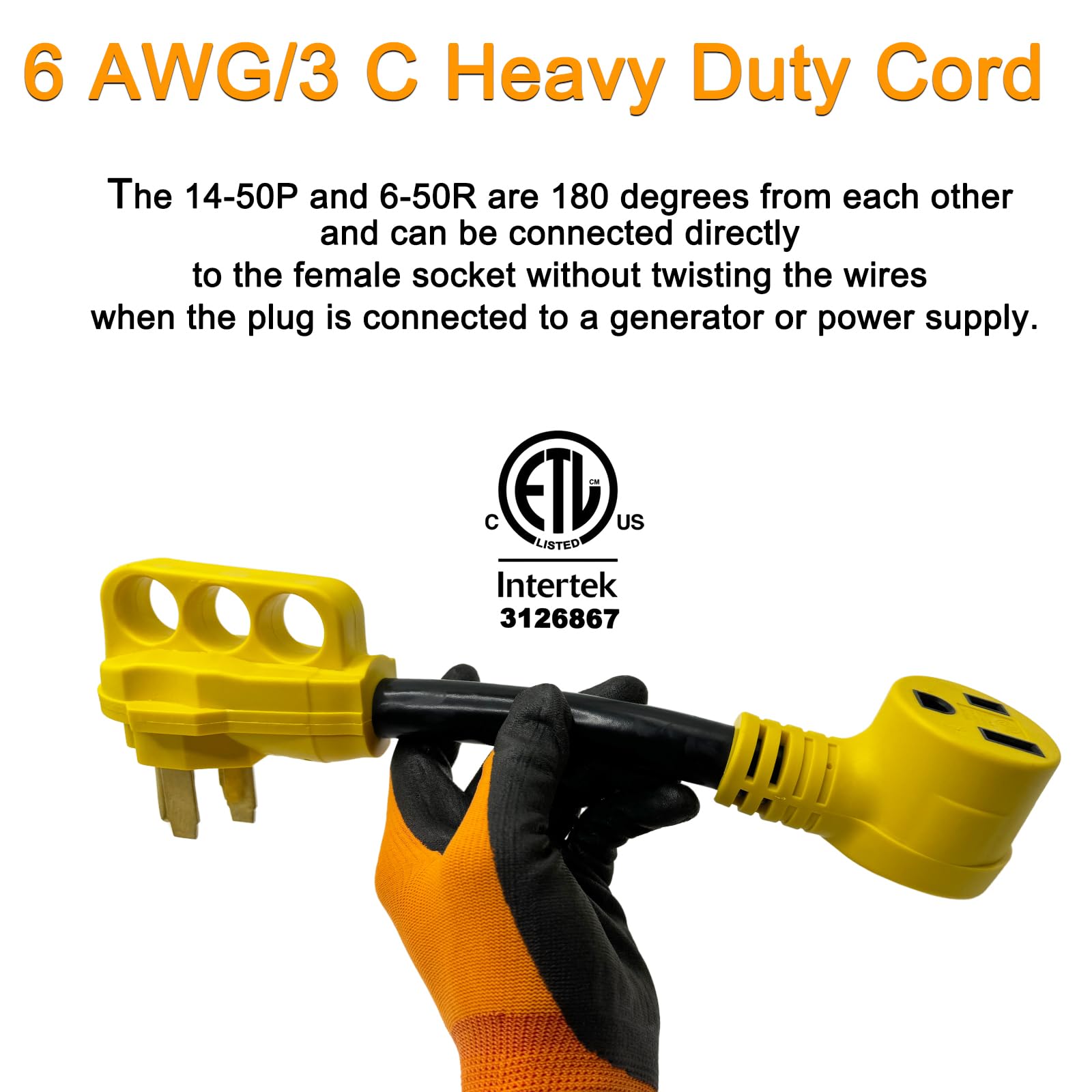 Suplevel Welder Adapter Cord 50 Amp, Stw 6 Awg Nema 14 50P Male To 6 50R Female Heavy Duty Cord, 250 Volts 12500 Watt 1 Foot, Et