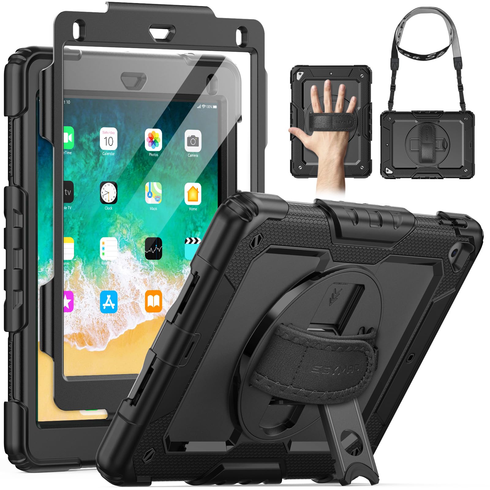 Seymac Case For Ipad 6Th/5Th Generation Case 9.7 Inch, Full Body Shockproof Heavy Duty Protective Case With Screen Protector, Rotating Stand/Hand/Shoulder Strap For Ipad Air 2/ Pro 9.7, Black