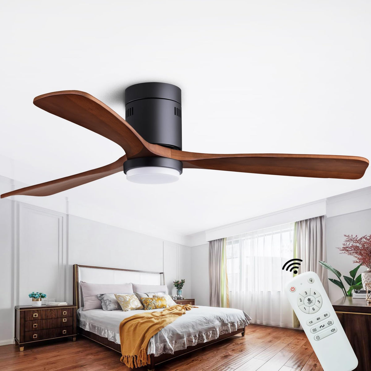 Dearnow Ceiling Fan, 56In Modern Electric Fan With Lights, 3 Blades, Dc Motor, Remote Control, Black + Walnut, Indoor Outdoor, F