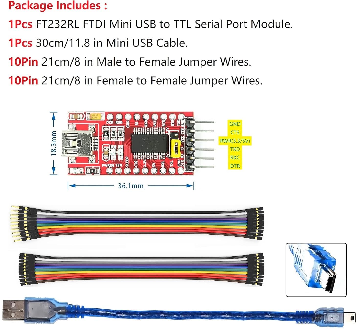 Wwzmdib Mini Usb To Ttl Serial Converter Adapter, 3.3V/5.5V, Ftdi Breakout Board For Arduino