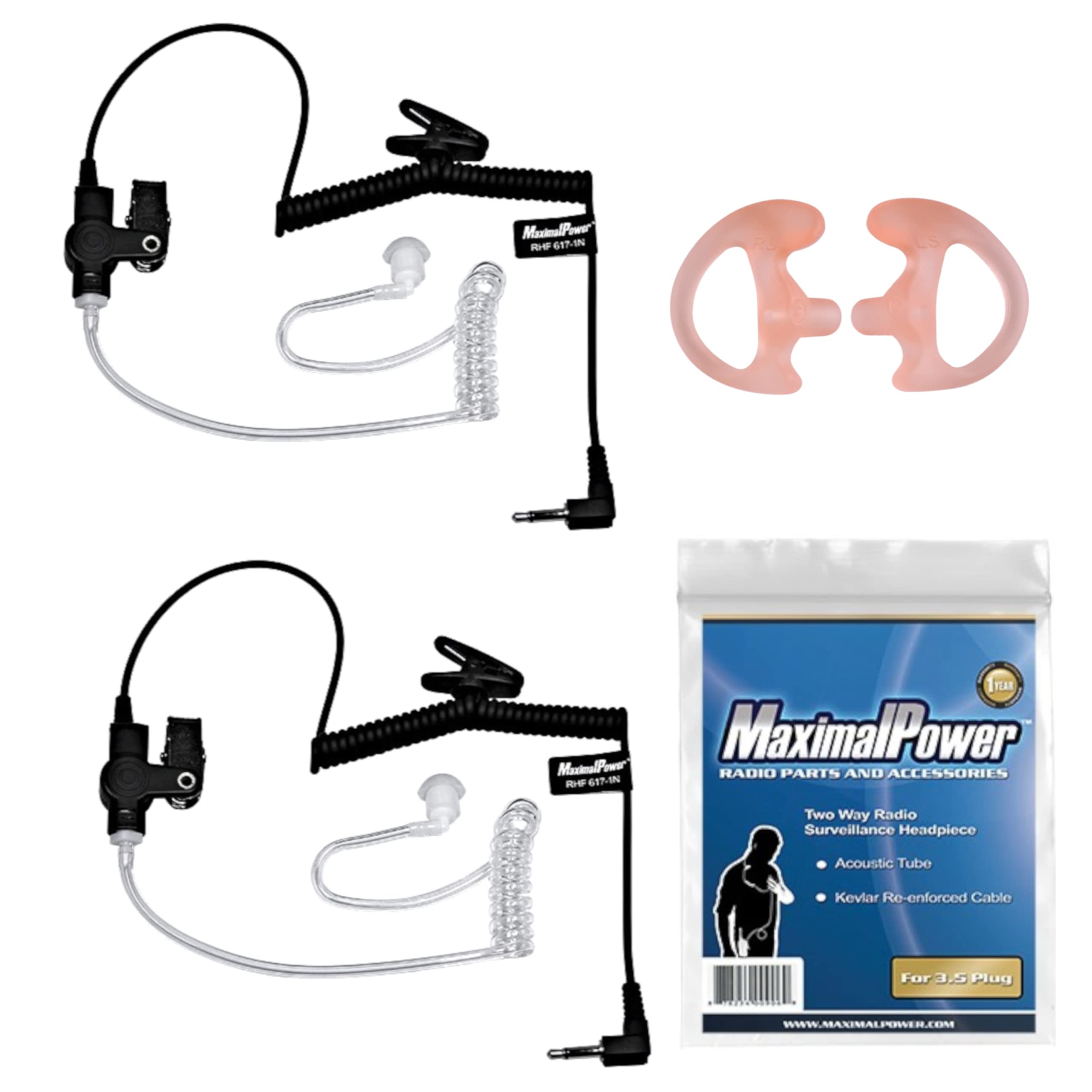 MaximalPower 2-Pack 3.5mm Listen Only Acoustic Tube Earpiece with One Pair Medium Earmolds for Two-Way Radios | Compatible with 