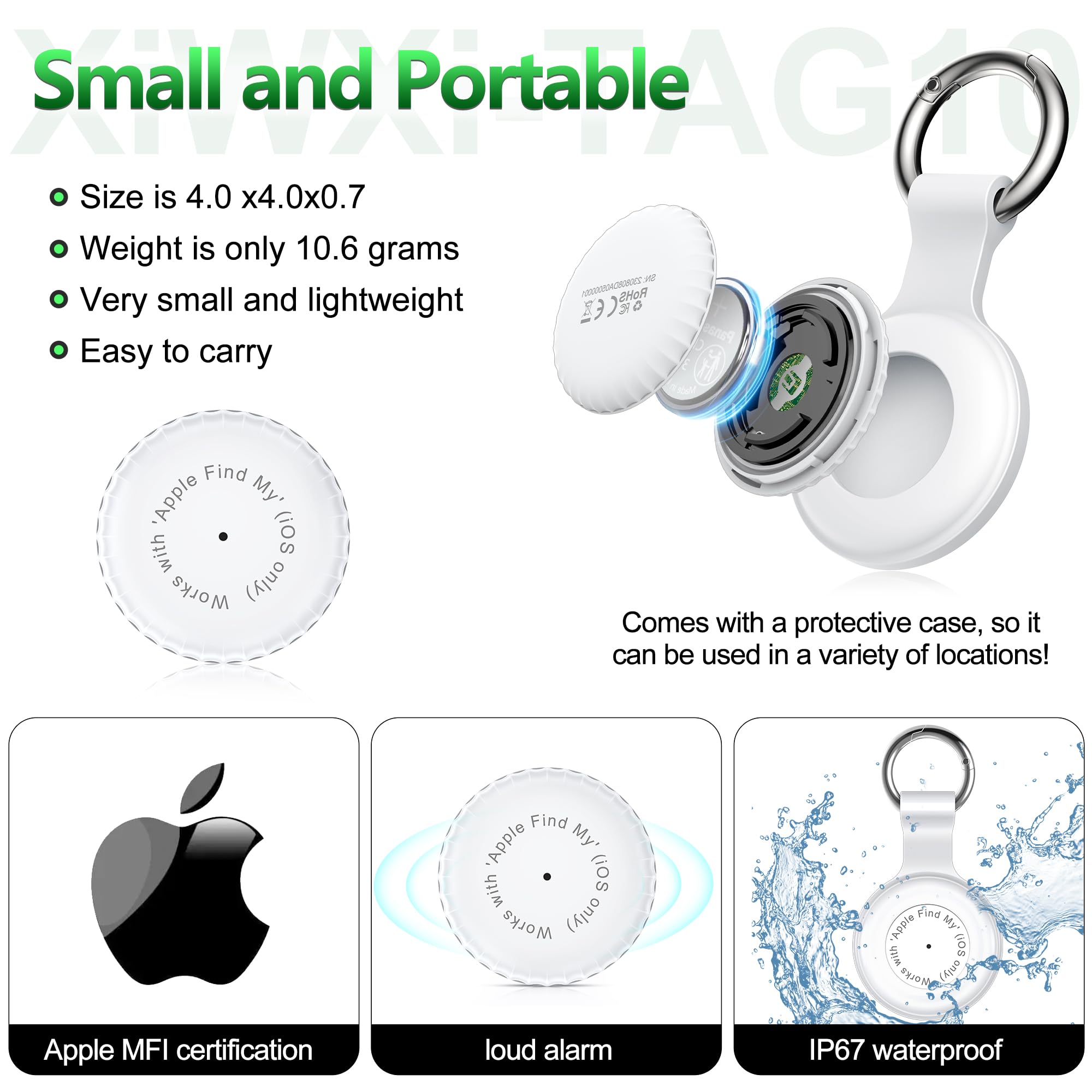 1 Pack,Ipx8 Waterproof Key Finder,Bluetooth Gps Items Tracker With Tag Holder & Keychains,Works With 'Apple Find My'(Ios Only),C