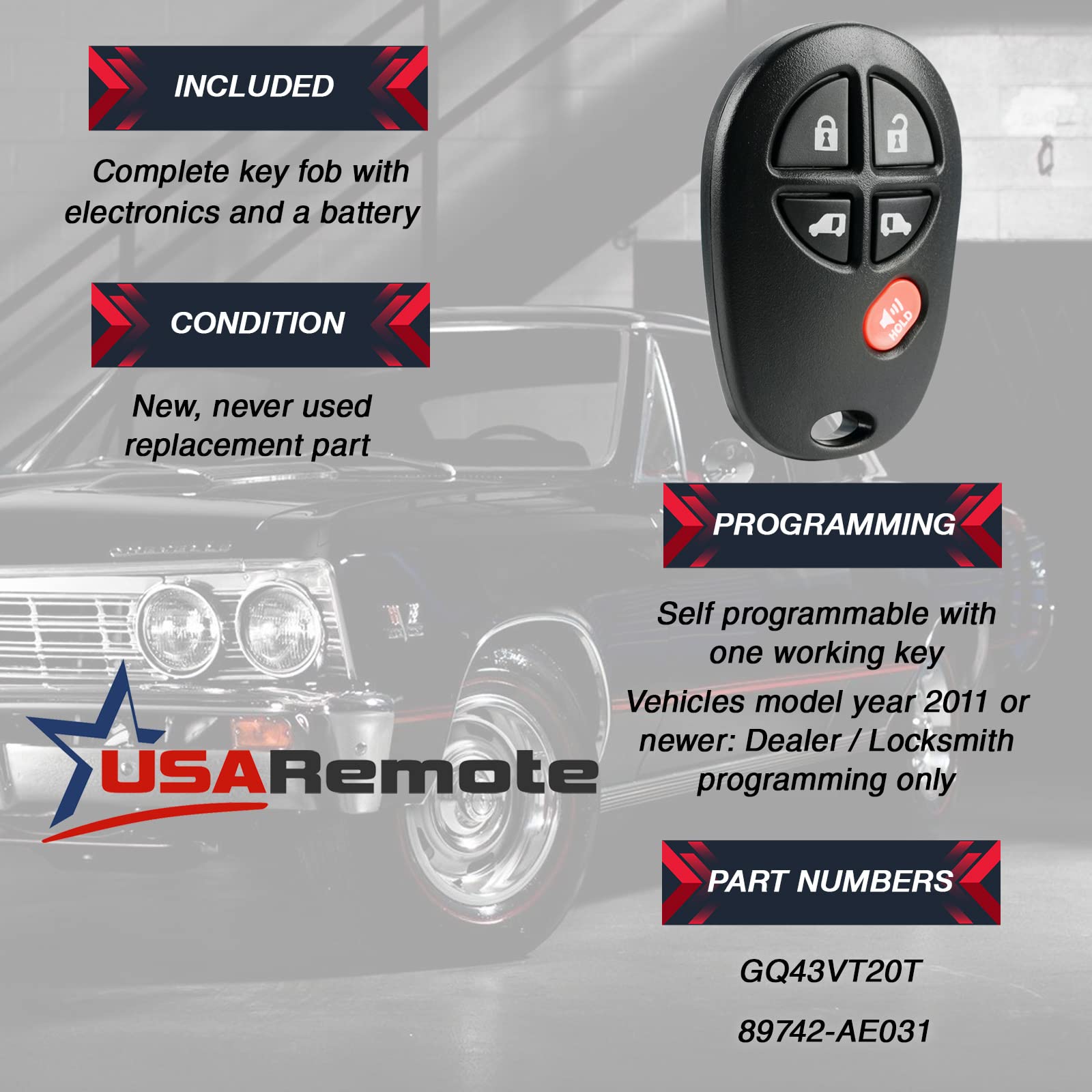 Key Fob Keyless Entry Remote Fits 2004 2016 Toyota Sienna (Gq43Vt20T 5 Btn)