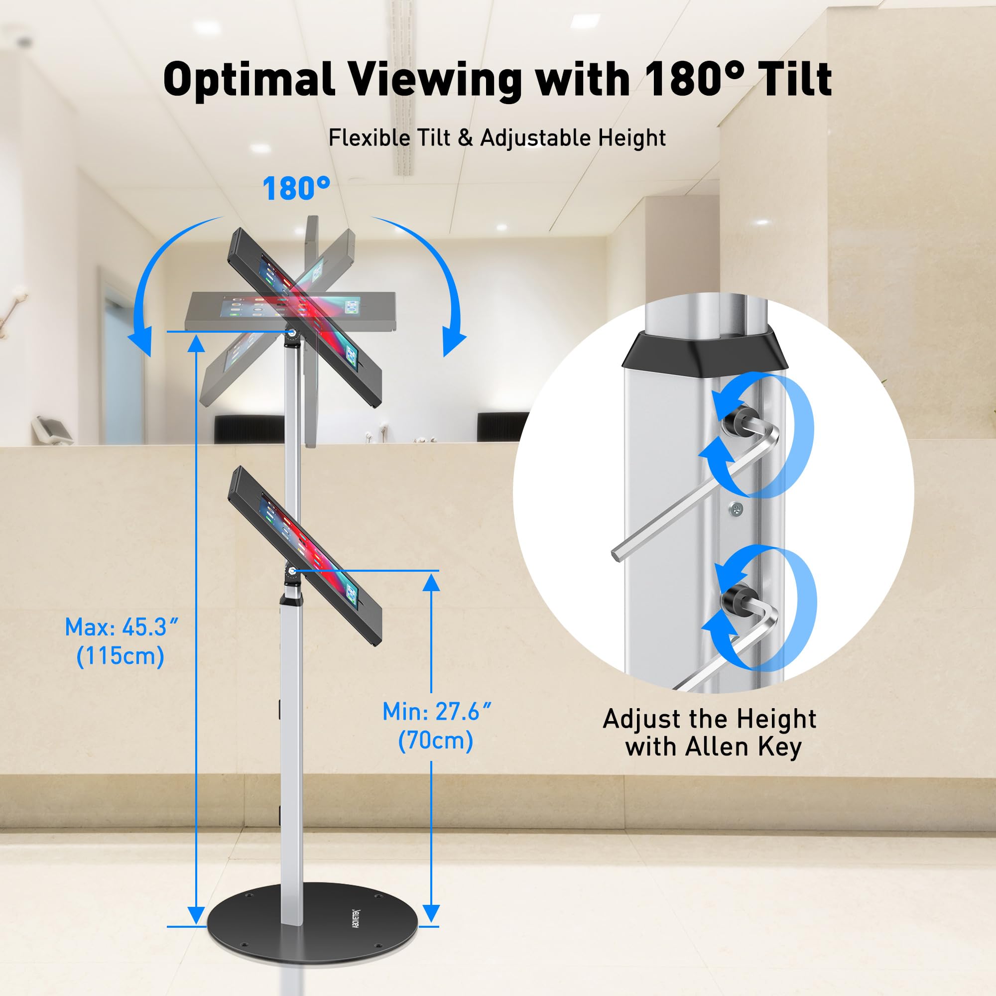 Abovetek Anti Theft Ipad Floor Stand, Robust Security Kiosk Pos Tablet Stand, Height Adjustable Secure Holder Enclosure W/Lock A