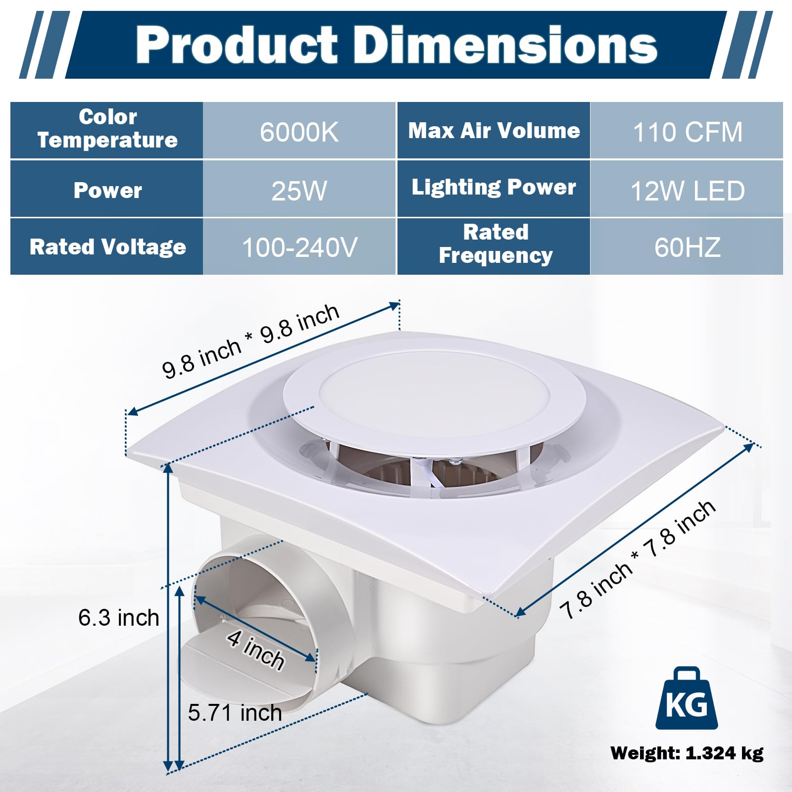 Feiton Bathroom Fan With Light Exhaust Fan Ceiling Mount Vent Fan Light Combo, 30W, 110V, 110 Cfm 1.0 Sones, Square Quiet Ventil