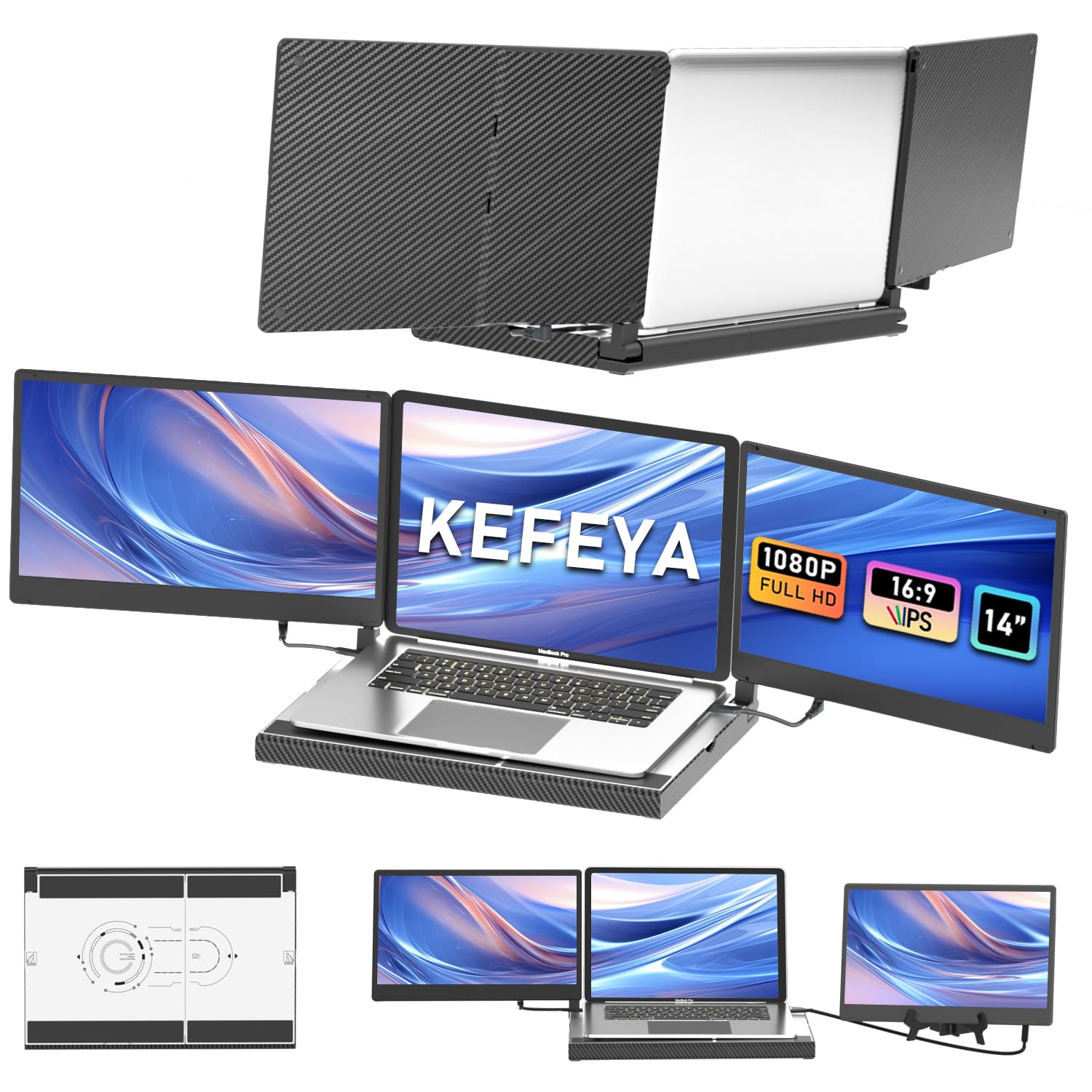Kefeya 14'' Triple Laptop Monitor Extender With Metal Base, 360 Rotation 1080P Portable Laptop Screen Extender For 12 17.3'' Lap