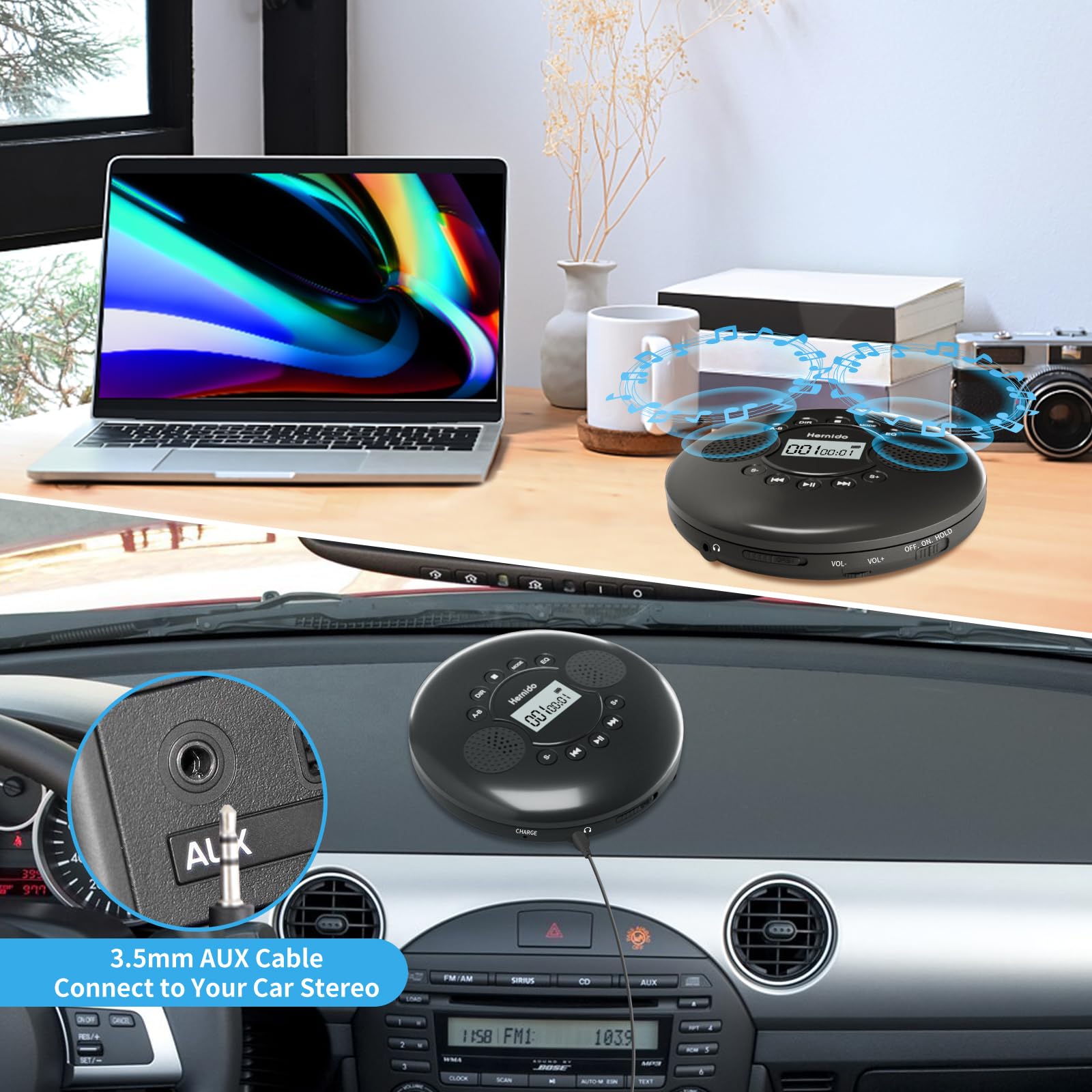 Cd Player Portable, Hernido Portable Cd Player For Car With Stereo Speakers, Rechargeable Walkman Cd Player With Headphone, Aux,