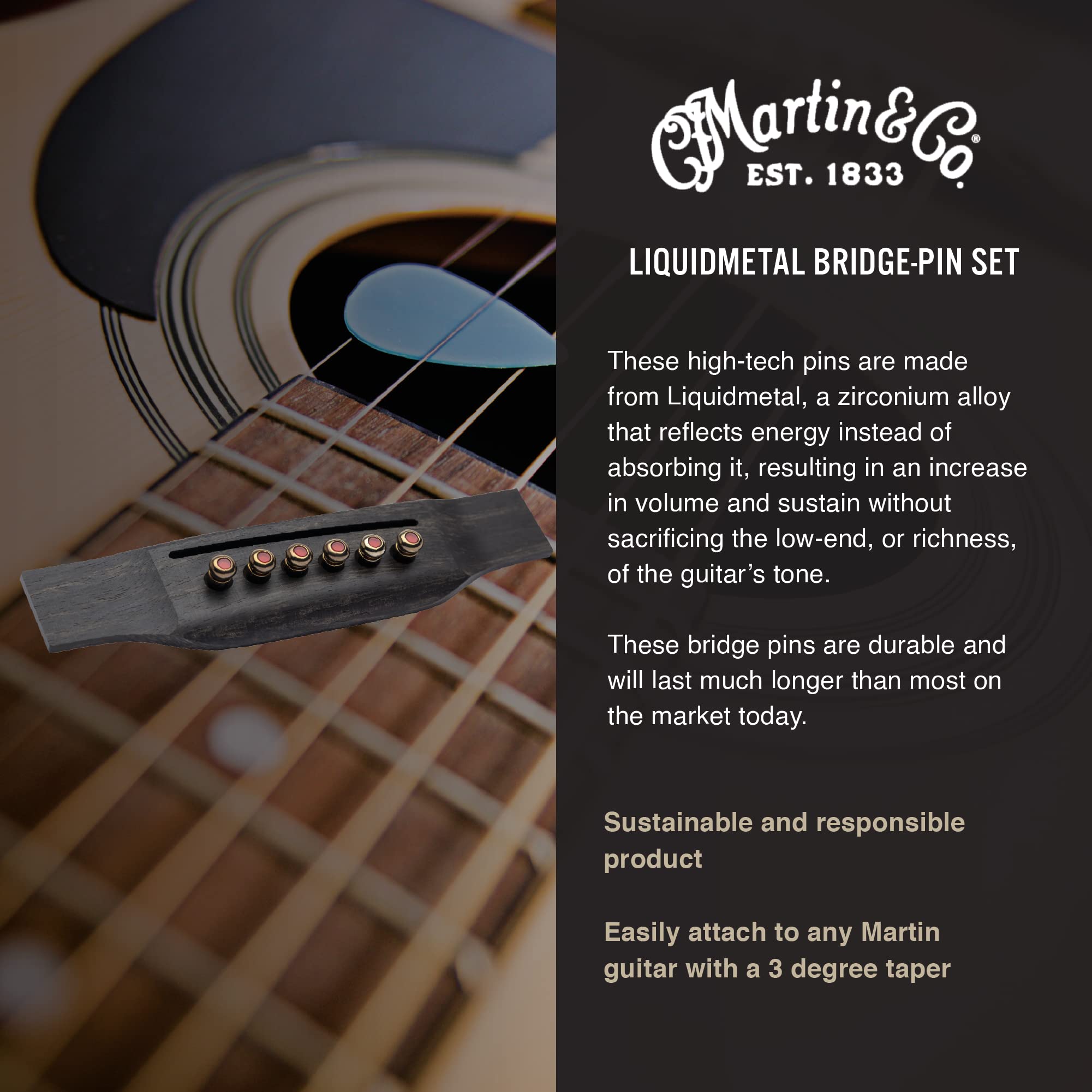 Martin Guitar Luxe By Martin Acoustic Guitar Bridge Pins, Acoustic Guitar Bridge-Pin Set, Gold With Red Inlay, 6 Pins Per Pack