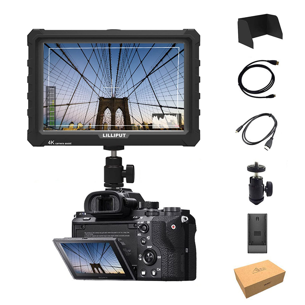 LILLIPUT A7S 7' 1920x1200 IPS Screen Camera Field Monitor 4K HDMI Input Output Video for DSLR Mirrorless Camera Sony A7S II A6500 Panasonic GH5 Canon 5D Mark IV DJI Ronin M Black VIVITEQ Exclusively