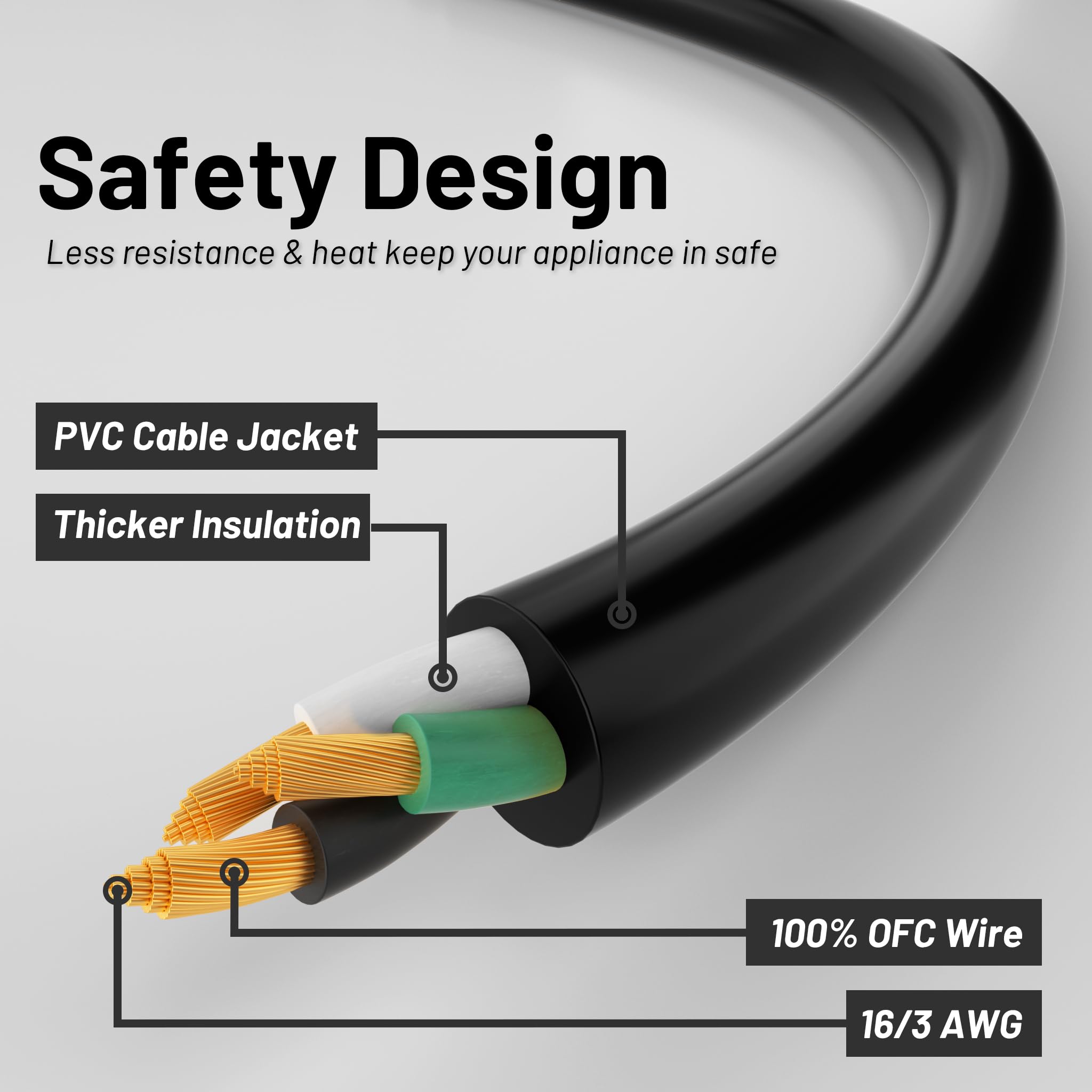 16/3 Black Indoor Outdoor Extension Cord 10 Ft Waterproof, Heavy Duty Extension Cord With 3 Prong Grounded Plug,13A 1625W 16Awg