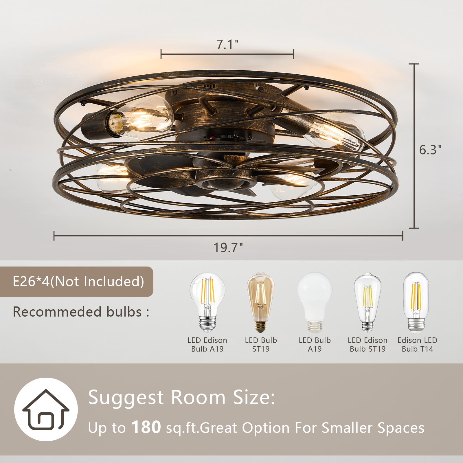 Flush Mount Caged Ceiling Fan: 20'' Caged Ceiling Fan With Lights And Remote, Bladeless Low Profile Ceiling Fans 6 Speed Reversi