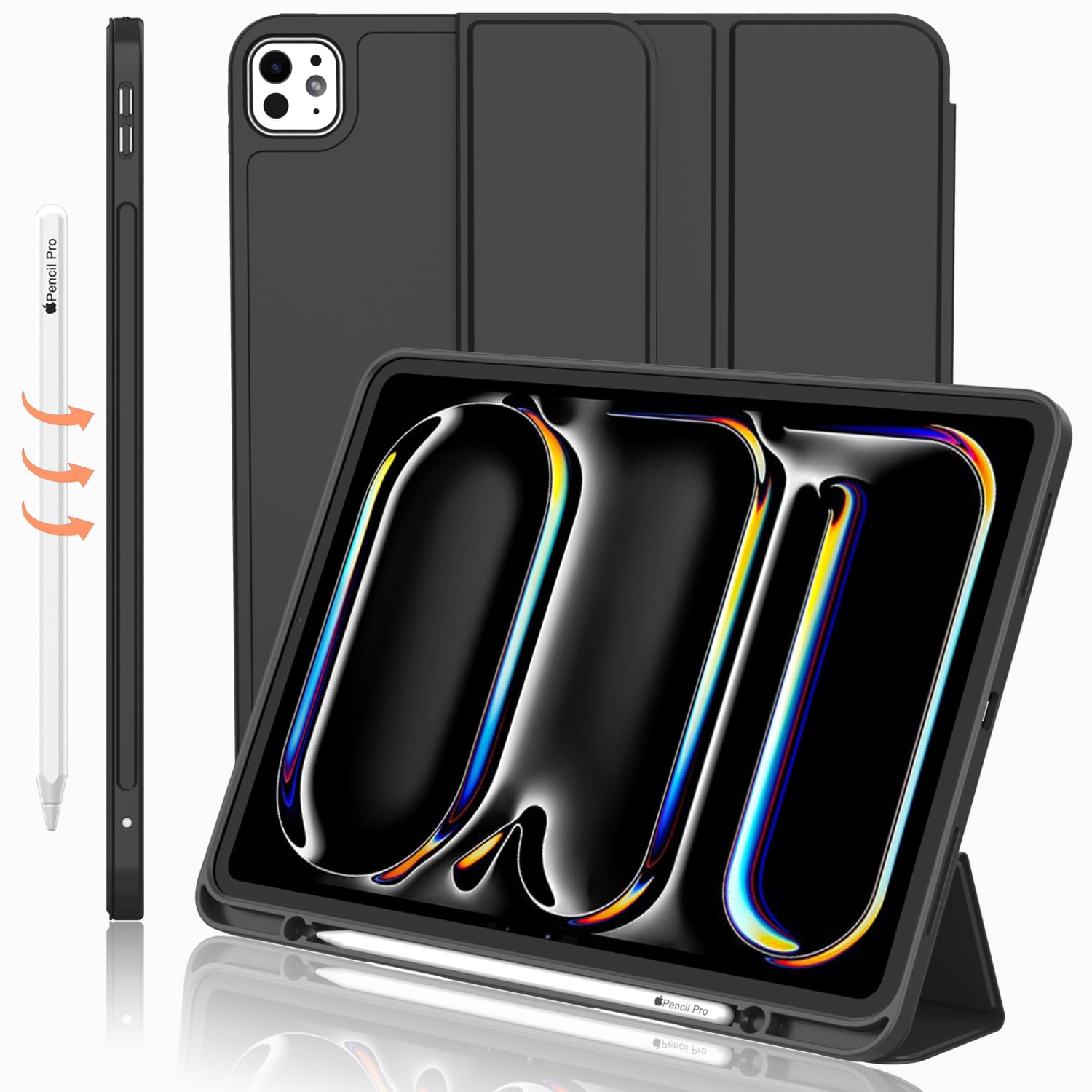 Imieet Ipad Pro 13 Inch Case M4 (2024) With Pencil Holder, [Support Pencil Pro And Pencil (Usb C)], Trifold Stand Smart Case With Soft Tpu Back, Auto Wake/Sleep (Black)