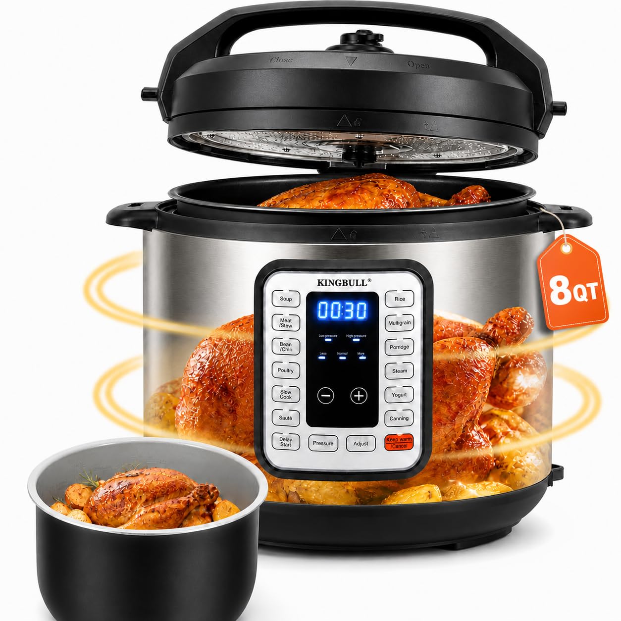 KINGBULL 8QT Electric Pressure Cooker, 12in1 Stainless Steel Multi Cooker with Nonstick Inner Pot, Slow Cooker, Rice Cooker, S