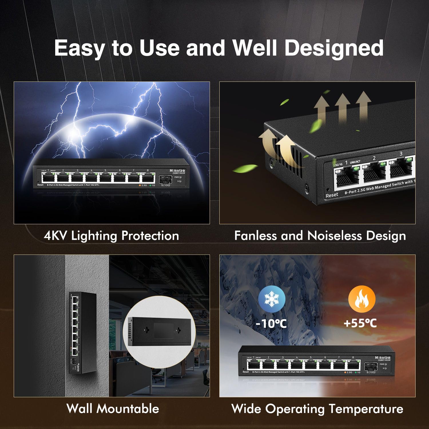 Mokerlink 8 Port 2.5 Gigabit Managed Switch With 10G Sfp+ Slot, 8 X 2.5G Base T Ports Compatible With 10/100/1000Mbps, Mini Size