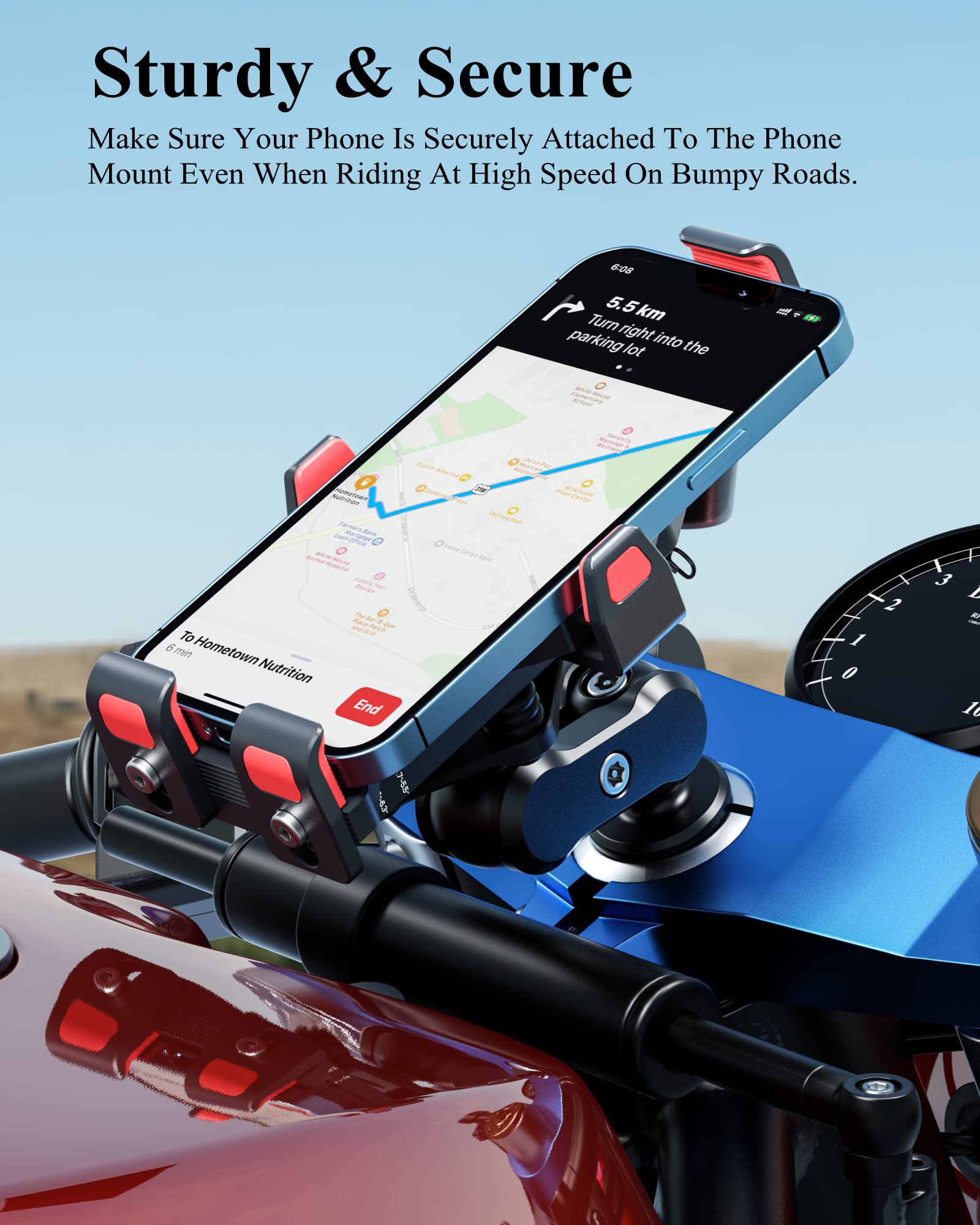 Brcovan Aluminum Alloy Motorcycle Fork Stem Phone Mount With Vibration Dampener & High Speed Secure Lock, Anti Theft Adjustable