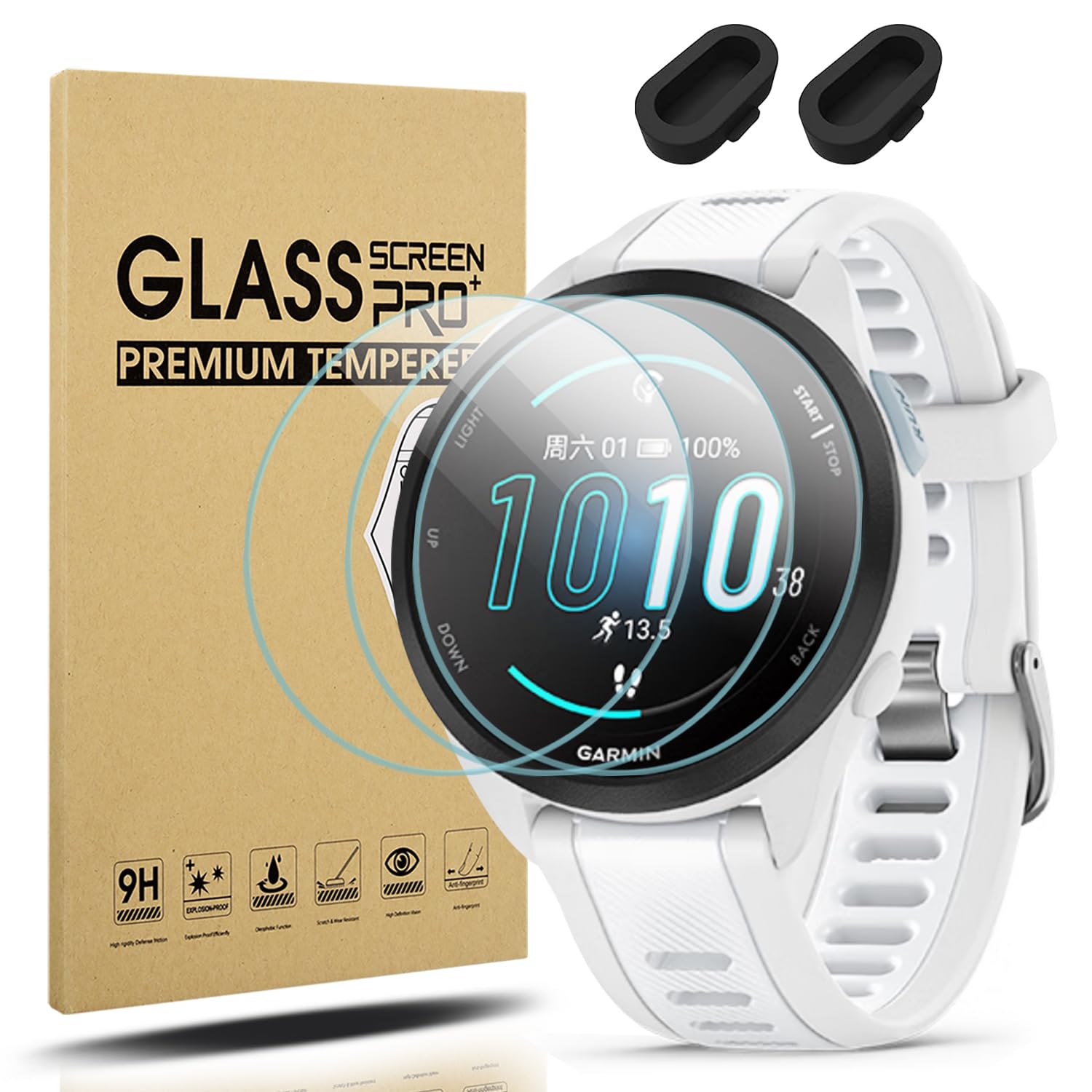 Suoman 3+2 Pack For Garmin Forerunner 165 Screen Protector, Charger Port Protector + 9H Hardness Tempered Glass Protector For Fo