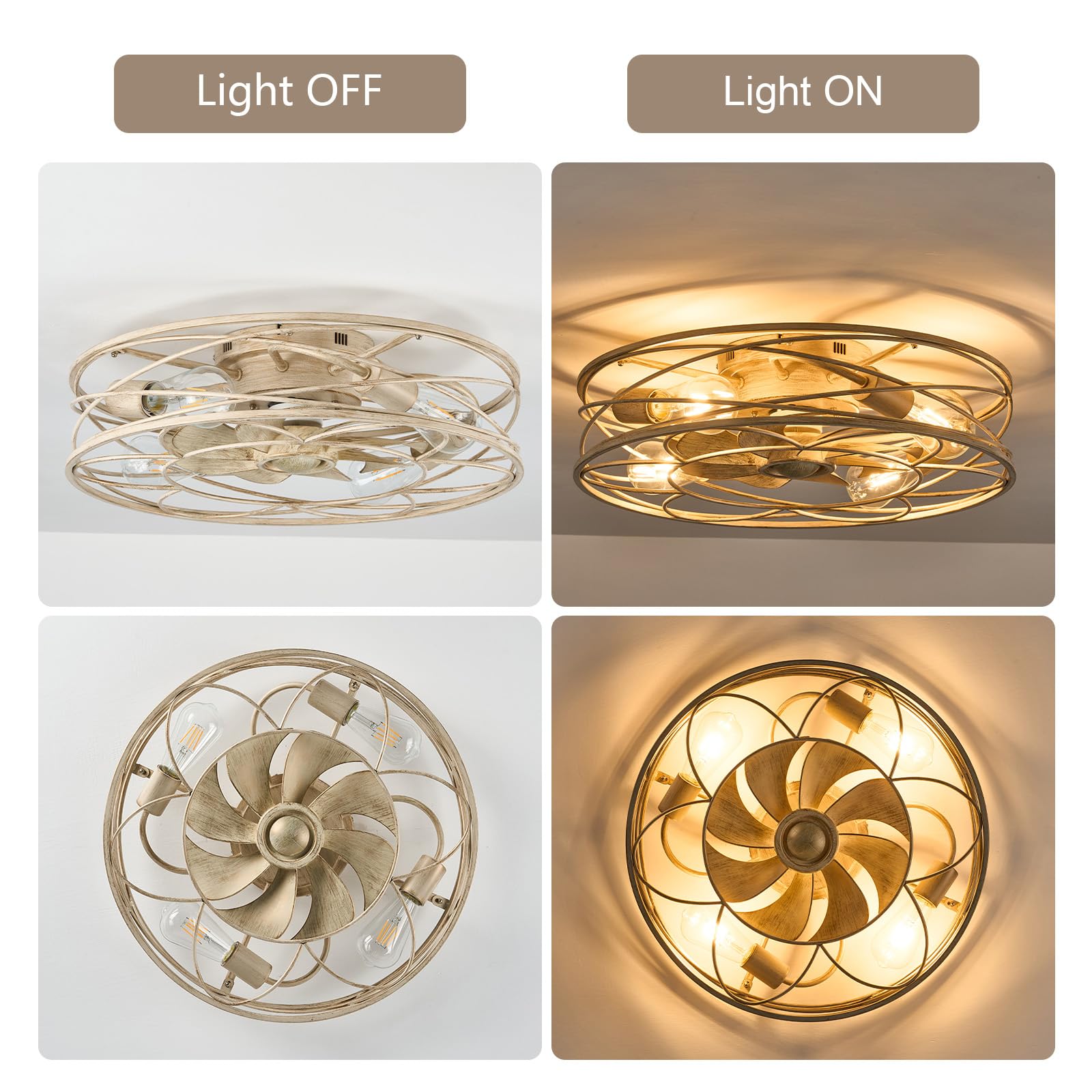 Flush Mount Caged Ceiling Fan: 20'' Caged Ceiling Fan With Lights And Remote, Low Profile Cage Ceiling Fan 6 Speed Reversible Qu