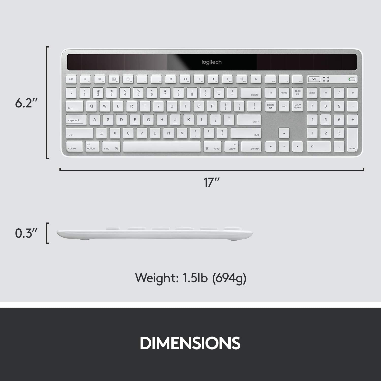 Logitech K750 Wireless Solar Keyboard For Mac     Solar Recharging, Mac Friendly Keyboard, 2.4Ghz Wireless   Silver