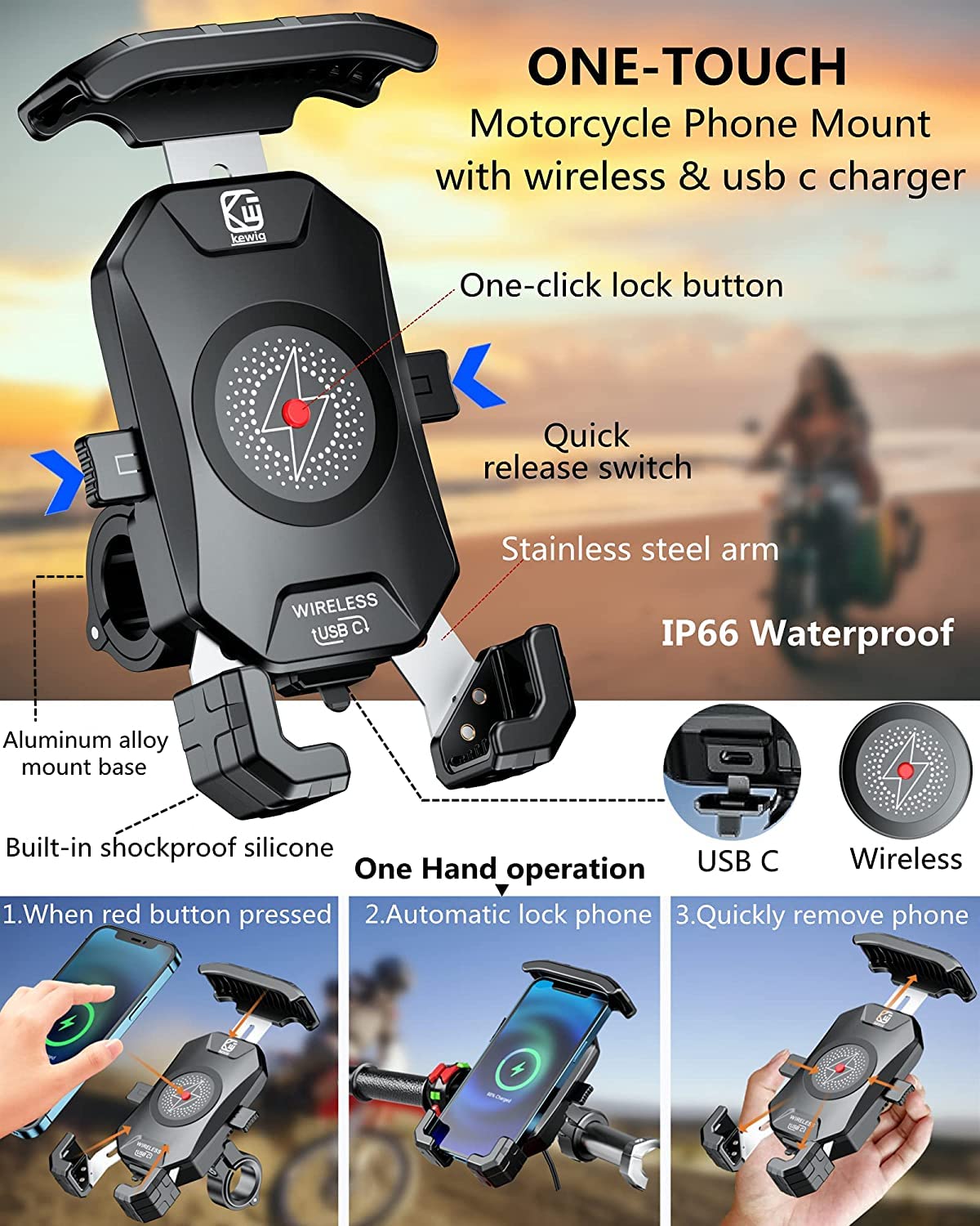 Kewig Waterproof Motorcycle Phone Mount Qi 15W Wireless & Usb C 20W Fast Chargeing Port, One Push Automatically Lock & Quick Rel