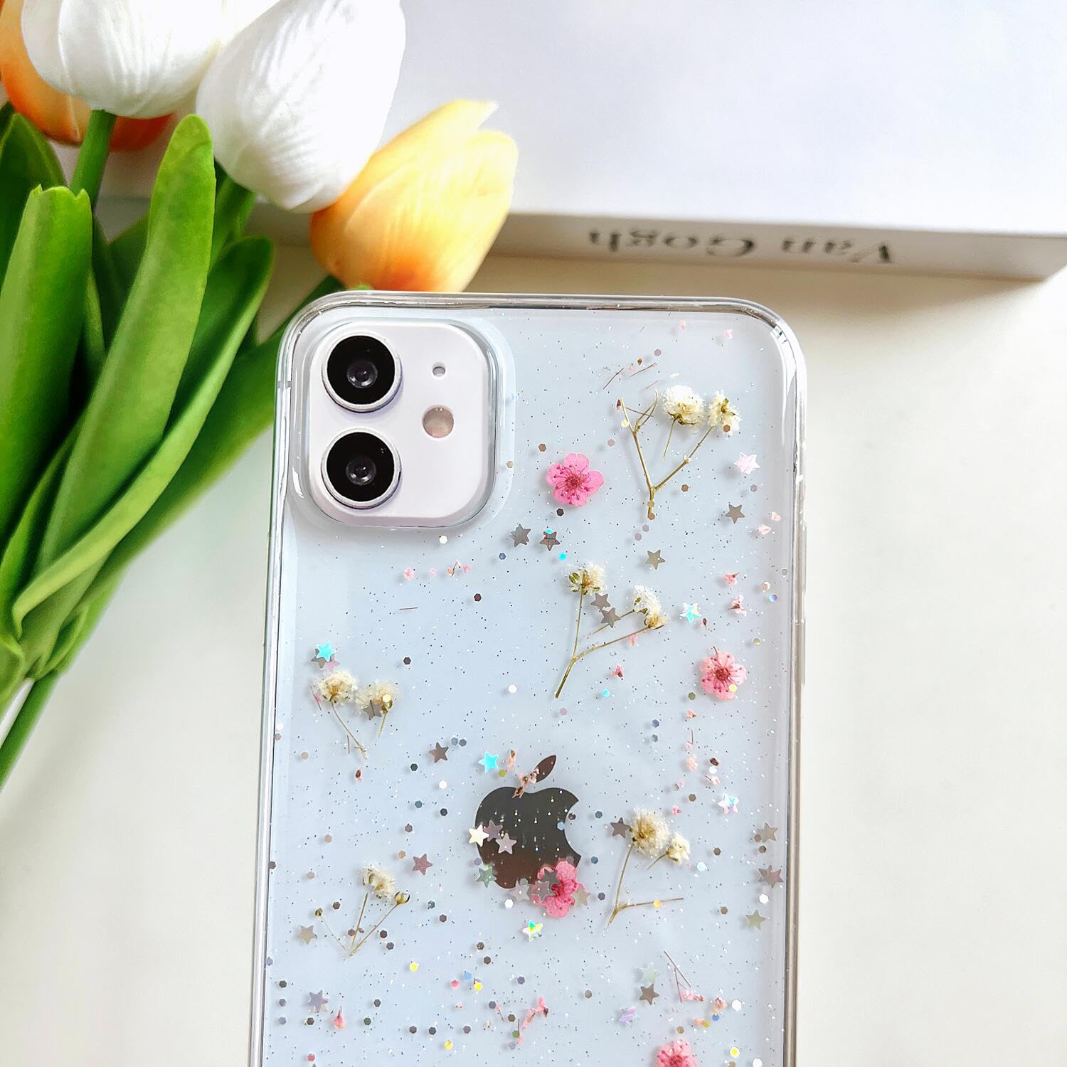Lseeka For Iphone 11 Clear Case With Pressed Real Flowers Design,Glitter Cute Pink Floral Pattern Slim Soft Tpu Protective Women