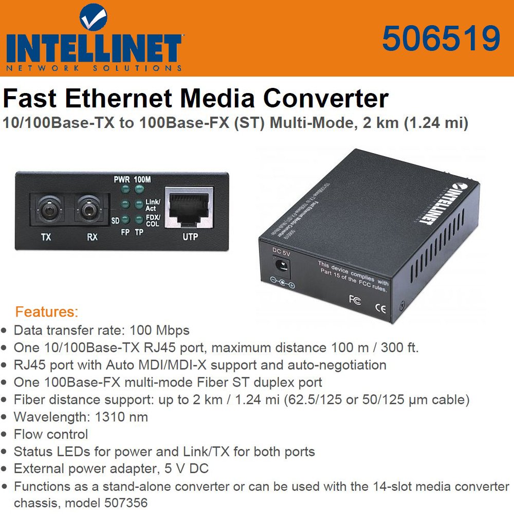 Intellinet 506519 Fast Ethernet Media Converter 10/100Base-TX to 100Base-FX (ST)