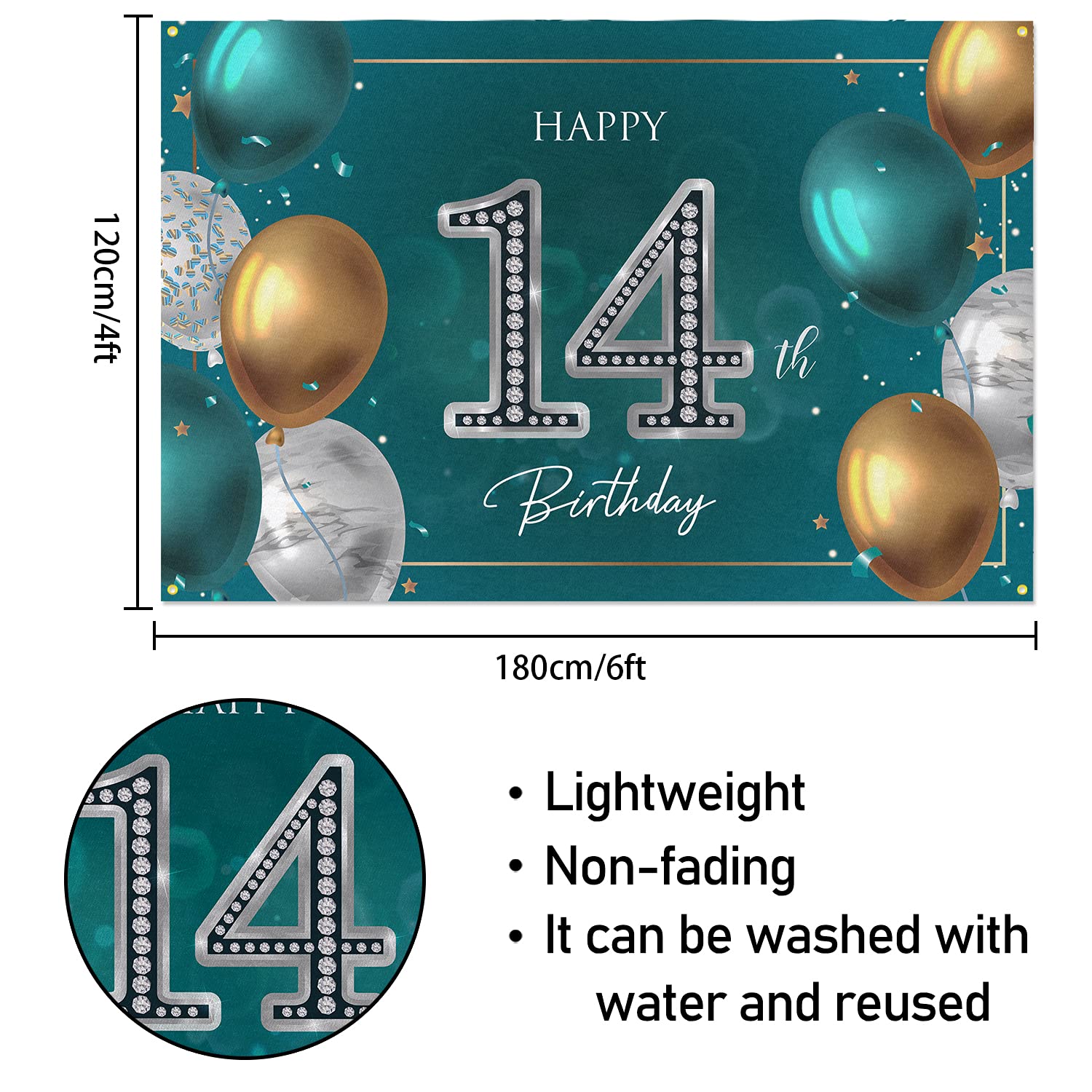 Hamigar 6X4Ft Happy 14Th Birthday Banner Backdrop   14 Years Old Birthday Decorations Party Supplies For Girls Boys   Green Silv