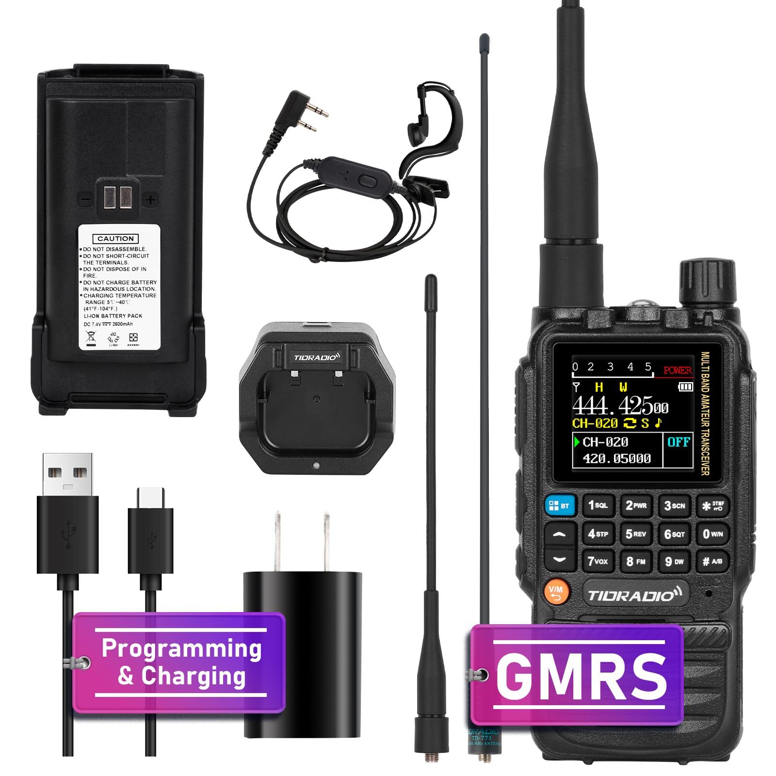 Tidradio Td H3 Gmrs Radio Handheld Long Range,Multi Band Receiving Two Way Radio,Usb C Programming & Charging,2500Mah Battery,Am