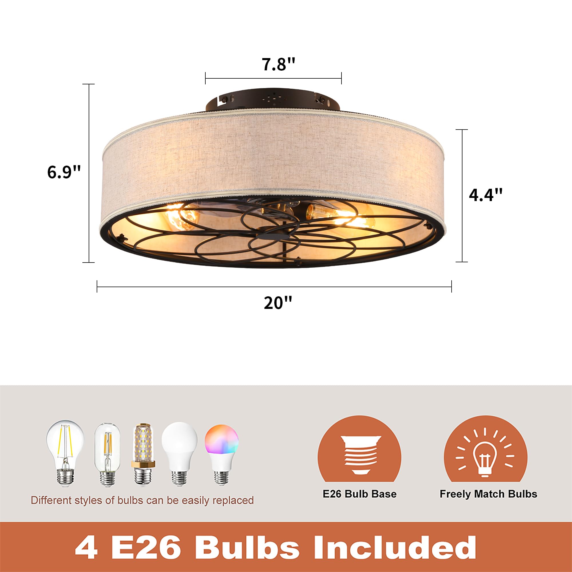 20'' Caged Ceiling Fan With Light Low Profile Fabric Farmhouse Bladeless Ceiling Fan With Remote Control,Low Profile Modern Encl