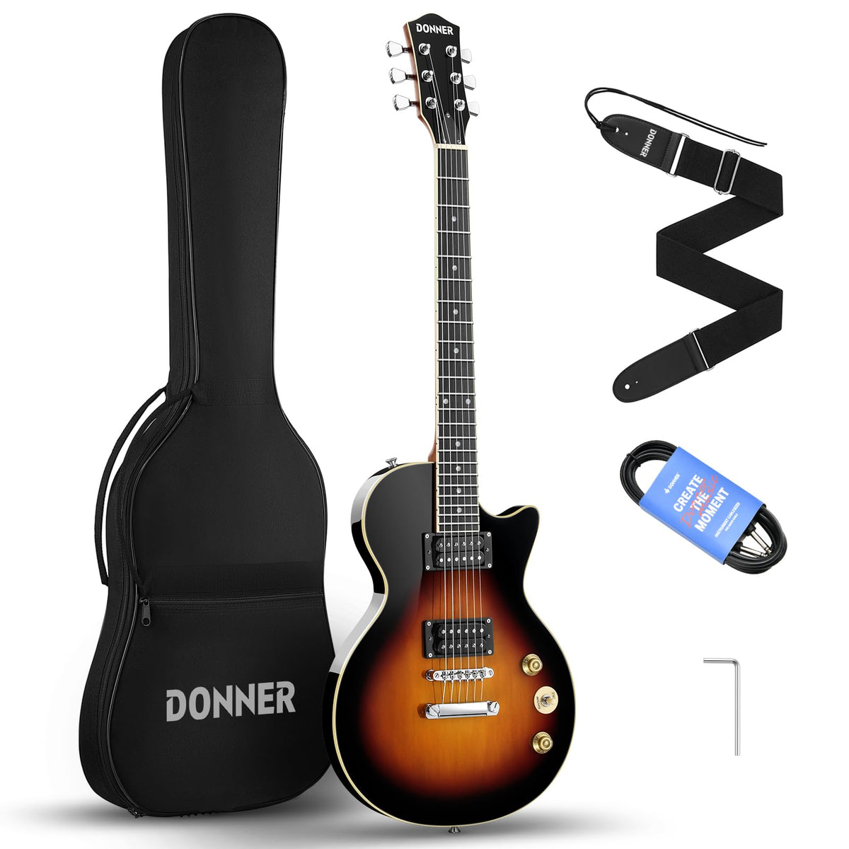 Donner 39 Inch Lp Electric Guitar Solid Body Beginner Kit Sunburst Full Size, With Bag, Strap, Cable, For Beginner,Dlp-124S