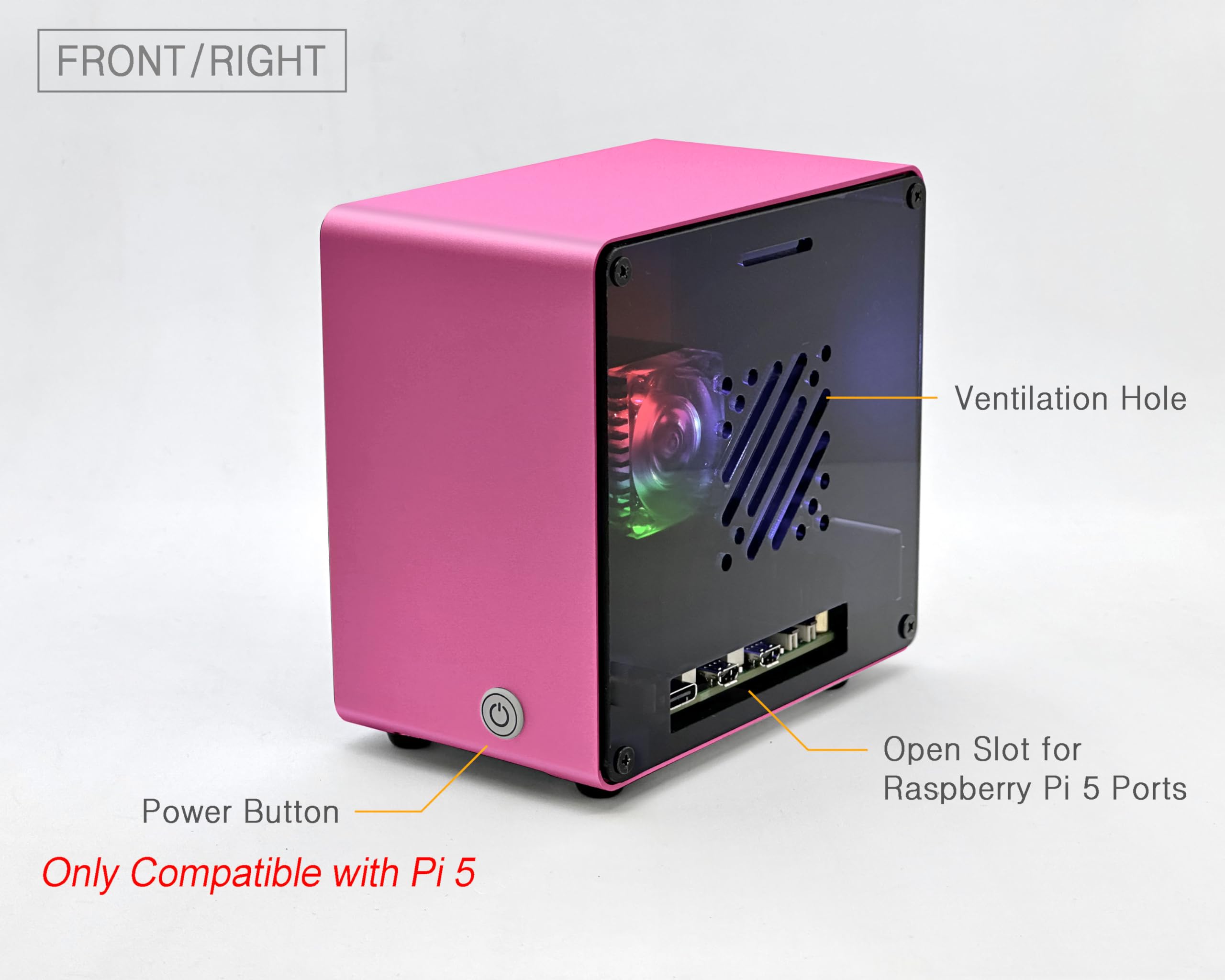 Electrocookie Raspberry Pi 5 Case, Aluminum Mini Tower Case With Cooling Fan And Color Changing Ambient Light (Pink)