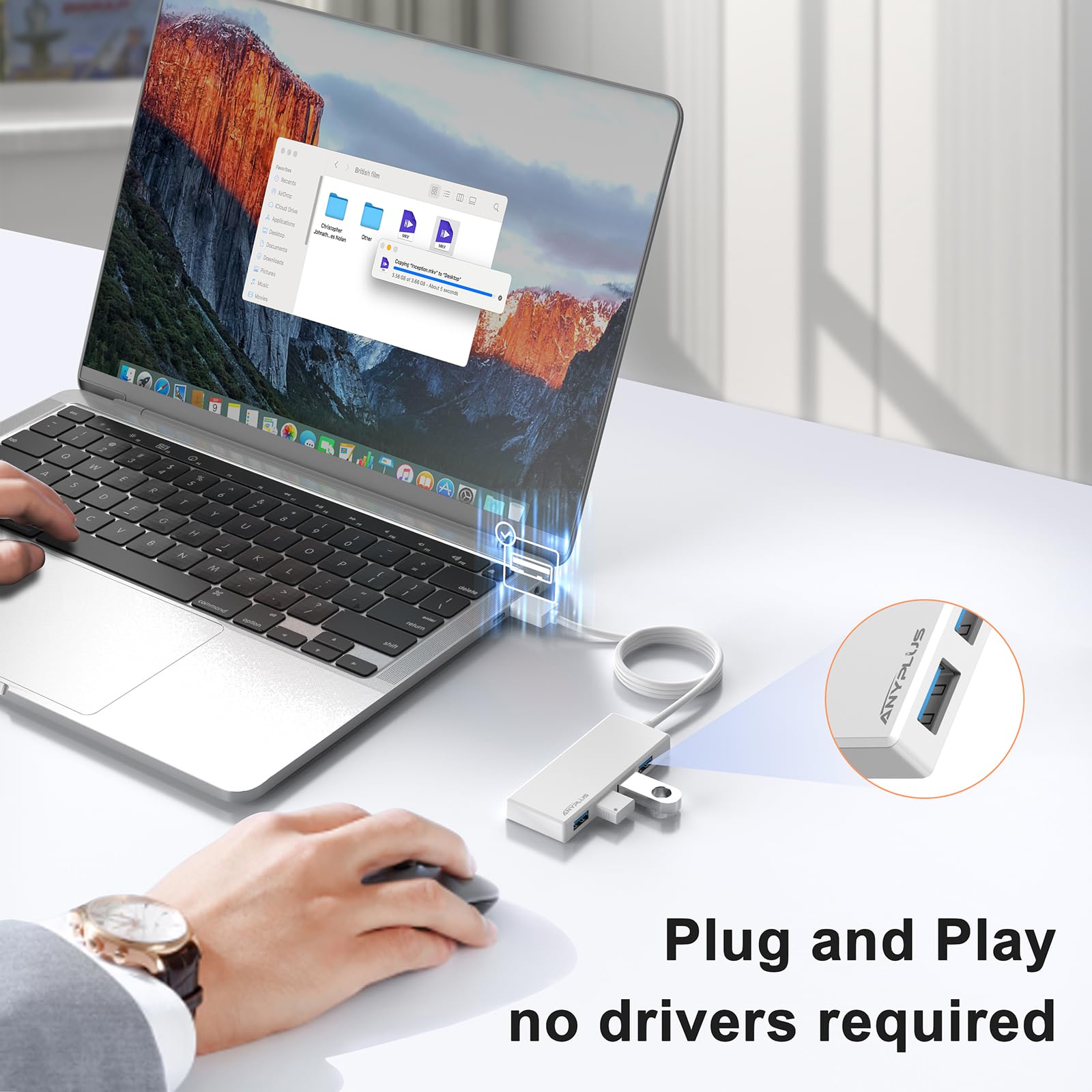 Anyplus Usb Hub, Multiport Usb Splitter Adapter, 2 Ft Long Cable Usb 3.0 Hub, Usb Extender For Laptop, Pc, Imac, Surface Pro, Ma