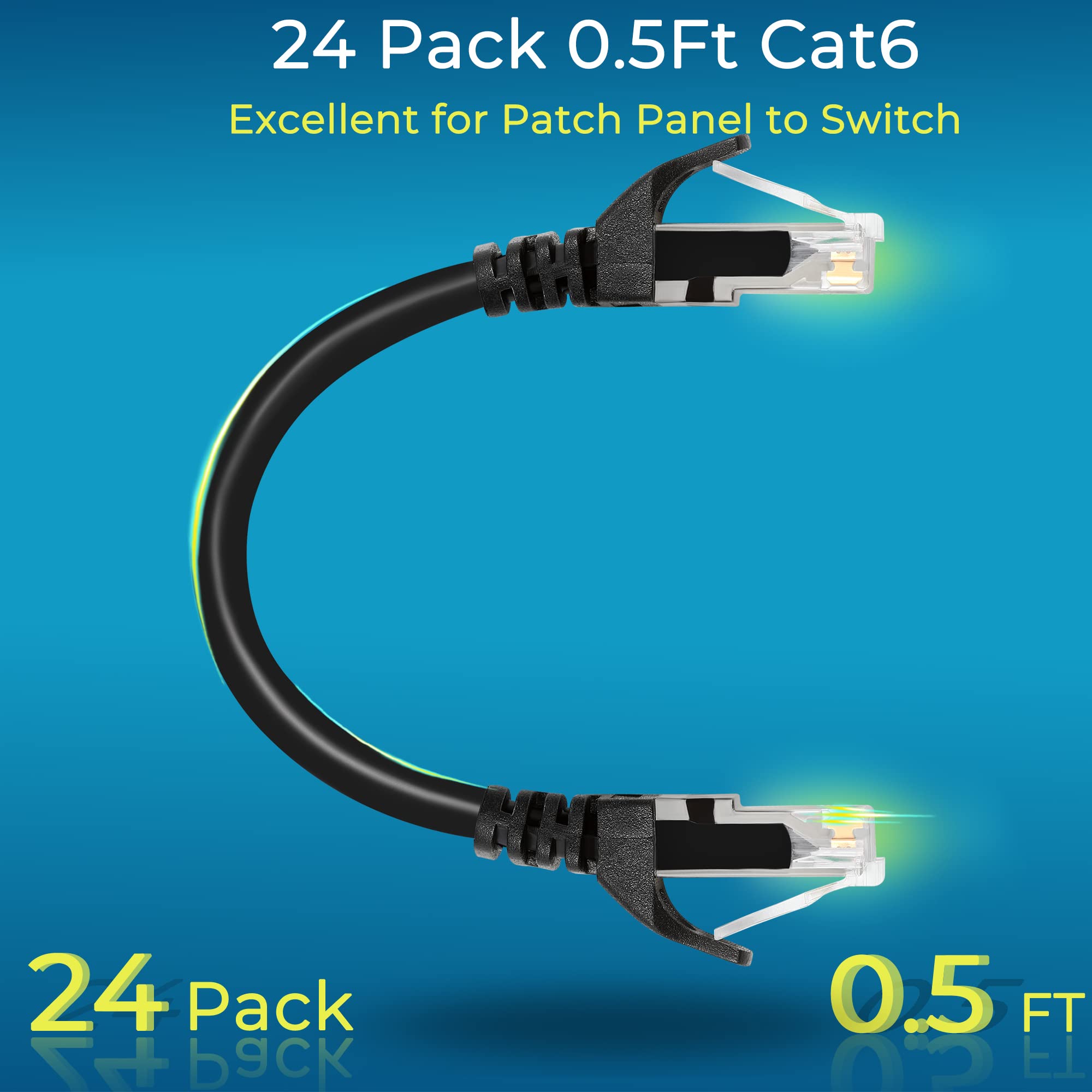 Rapink Patch Cables Cat6 0.5Ft (24 Pack), Ethernet Patch Cable 10G, Cat 6 Patch Cable For Patch Panel To Switch, Flexiable Cat 6 Ethernet Cable With Gold Plated Black