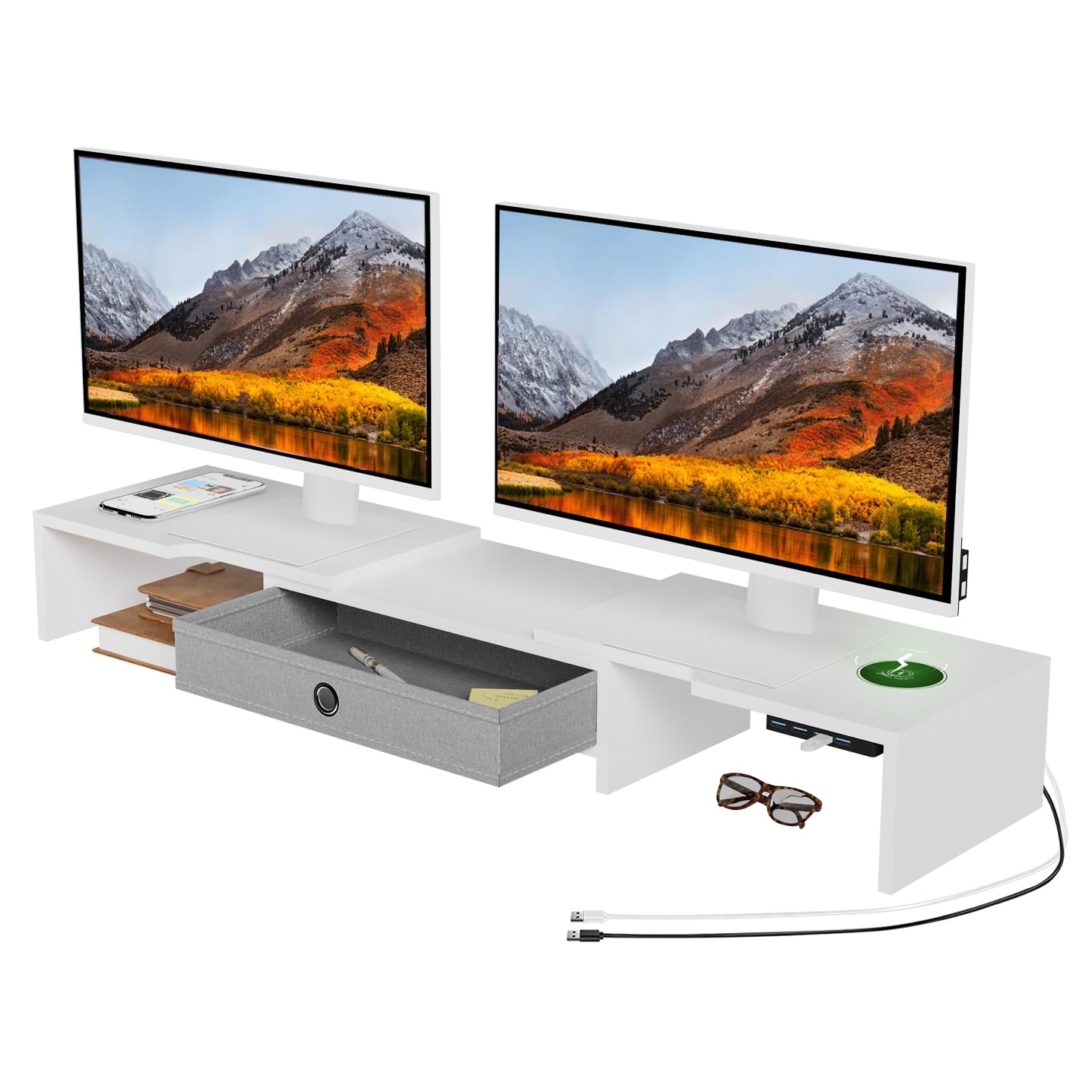 LAPTAIN Monitor Stand with Drawer, Dual Monitor Stand Riser with Adjustable Length and Angle, Computer Stand, Desk Organizer for