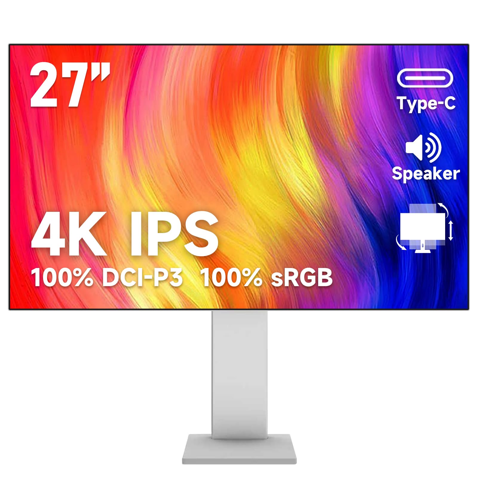 Gawfolk 27-inch IPS 4K UHD Computer Monitor, Ultra-Clear (38402160p) PC Screen, 100% sRGB, 100% DCI-P3, Type-C, Display Port, HD