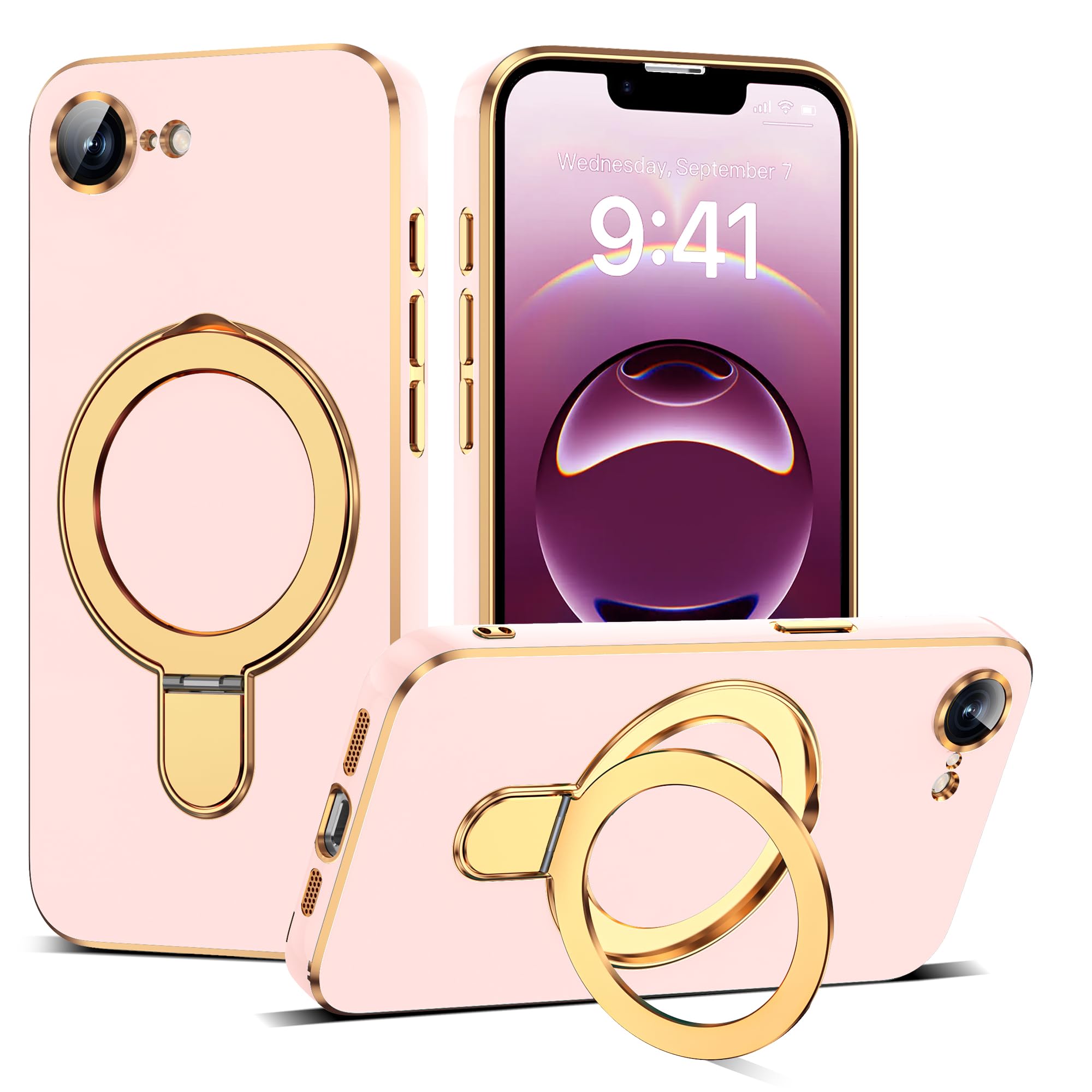 ETPESOK Compatible with iPhone 17E/16E Case with Magnetic Ring Stand [Compatible with Mag-Safe] [Full Camera Lens Protector] Sof