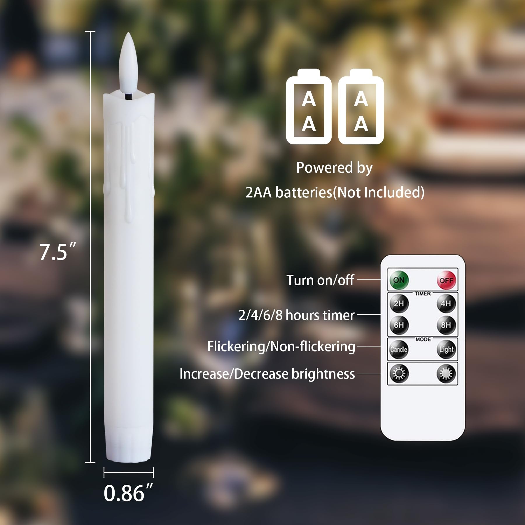 Mavandes Flameless Flickering Taper Candles Two Remote, 7.5 Inch White Battery Operated Led Window Candles Timer,Set Of 6 Plasti
