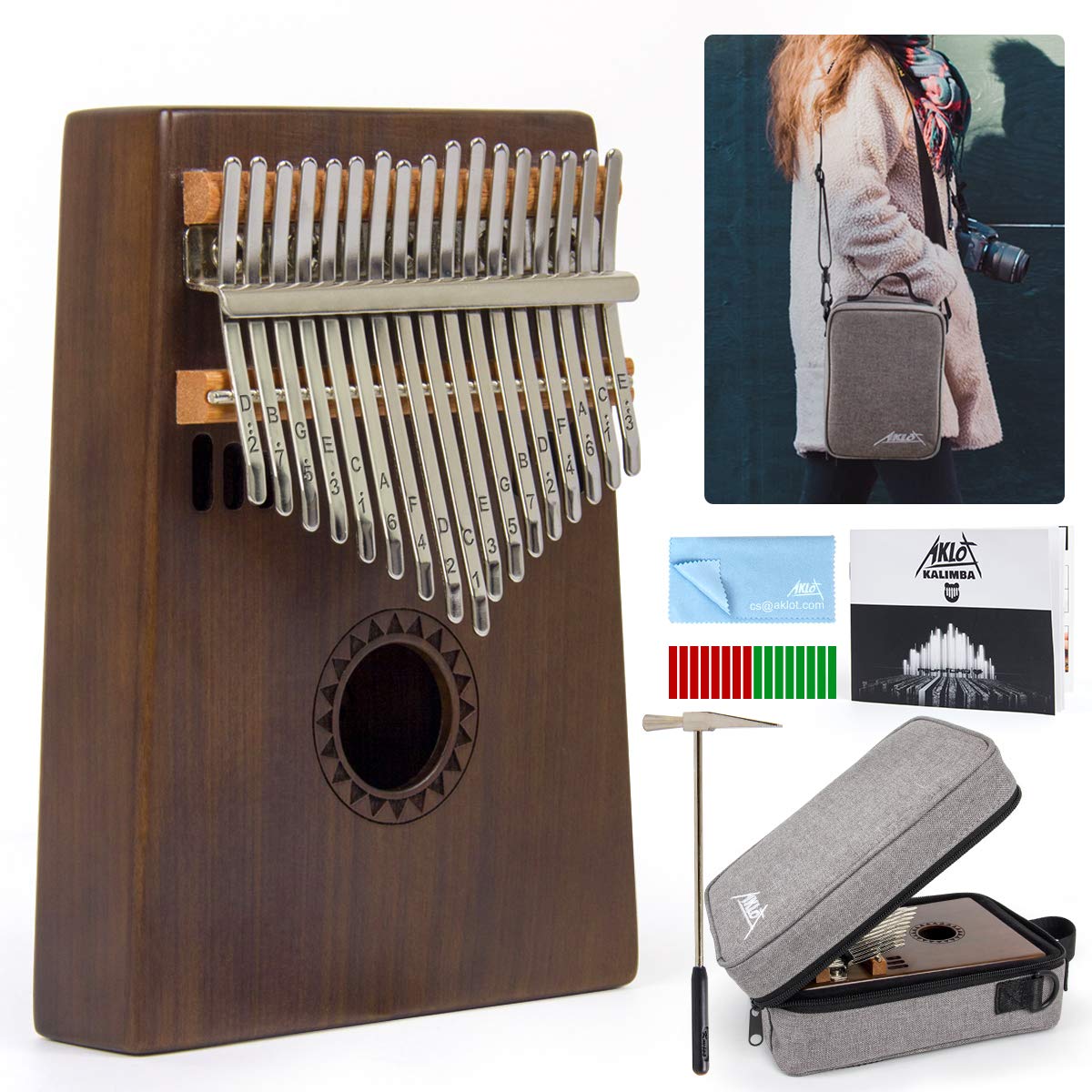 Kalimba Thumb Piano, Aklot 17 Keys Finger Piano Solid Wood Note Carved Starter With Case Tune Hammer Study Booklet Stickers