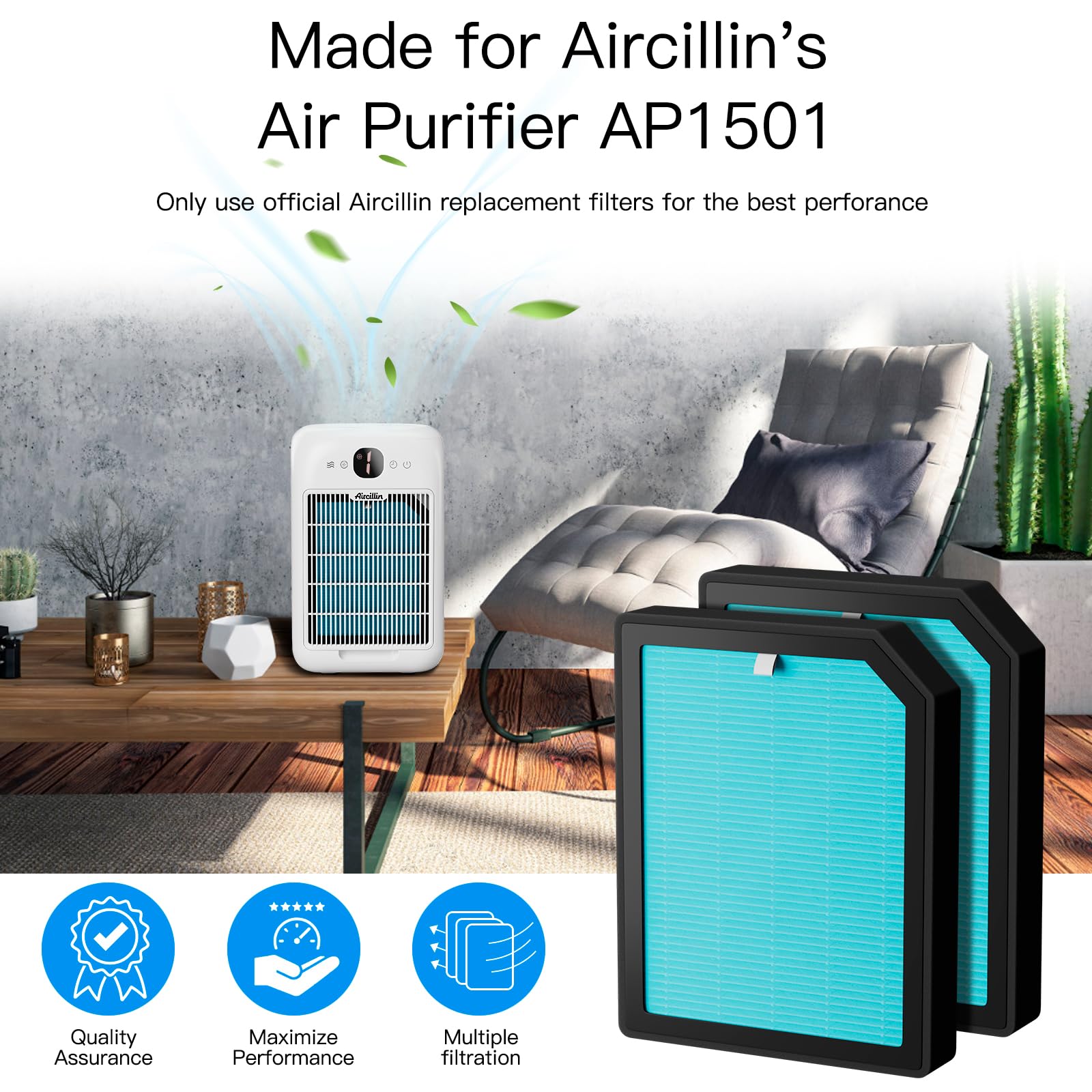 Aircillin Air Purifier Ap1501 Replacement Filters 4 Pack, H13 True Hepa Filter, Activated Carbon Filter(Ap1501)