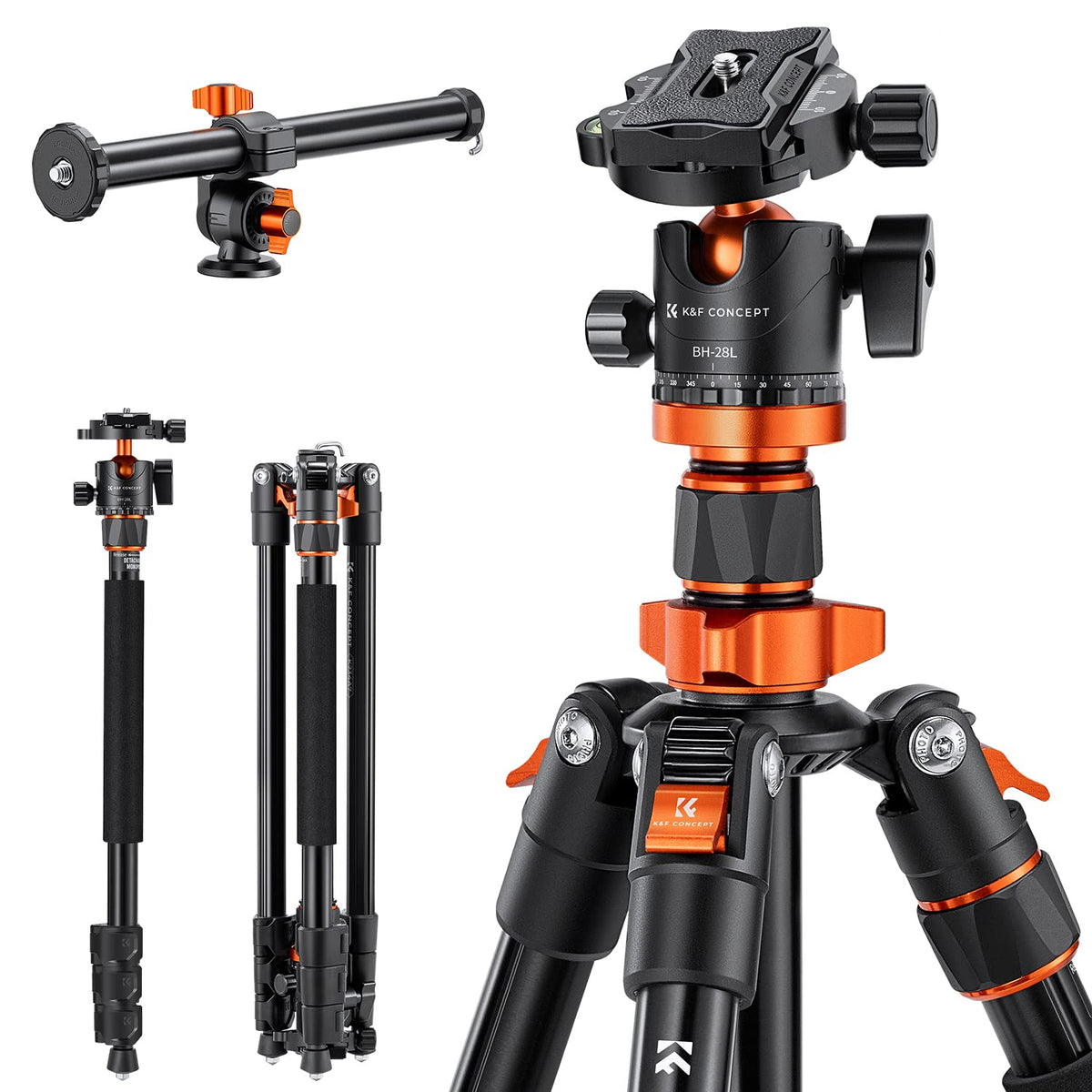 K&F Concept 78 Inch Dslr Camera Tripods With Magnesium Alloy Rotatable Multi Angle Center Column,Load Capacity Up To 22Lbs/10Kg K234A7+Bh 28L+Extension Arm Kits