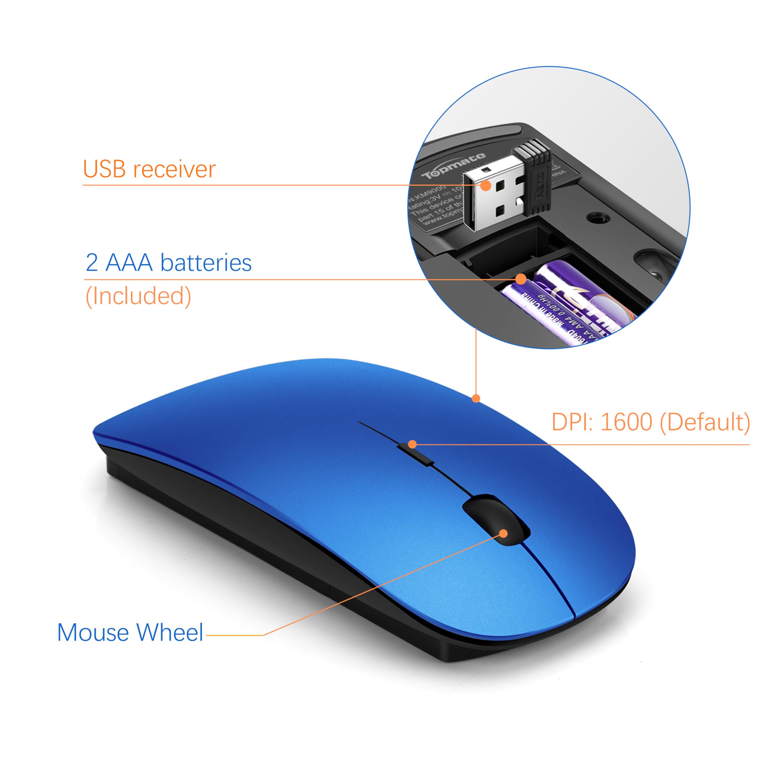 Topmate Wireless Keyboard And Mouse Ultra Slim Combo, 2.4G Silent Compact Usb Mouse And Scissor Switch Keyboard Set With Cover, 2 Aa And 2 Aaa Batteries, For Pc/Laptop/Windows/Mac   Blue Black
