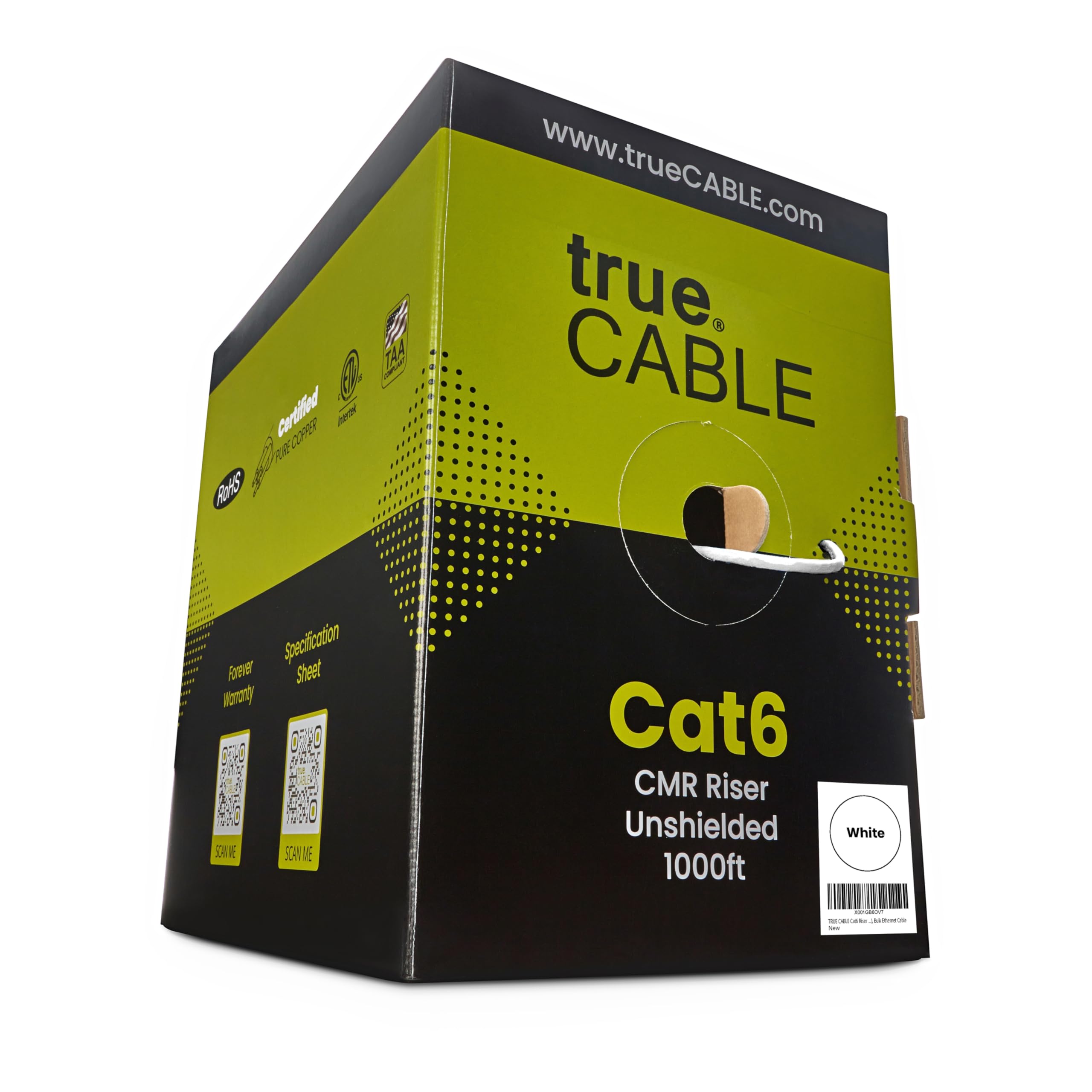 True Cable Cat6 Riser (Cmr), 1000Ft, White, 23Awg 4 Pair Solid Bare Copper, 550Mhz, Etl Listed, Unshielded Twisted Pair (Utp), Bulk Ethernet Cable