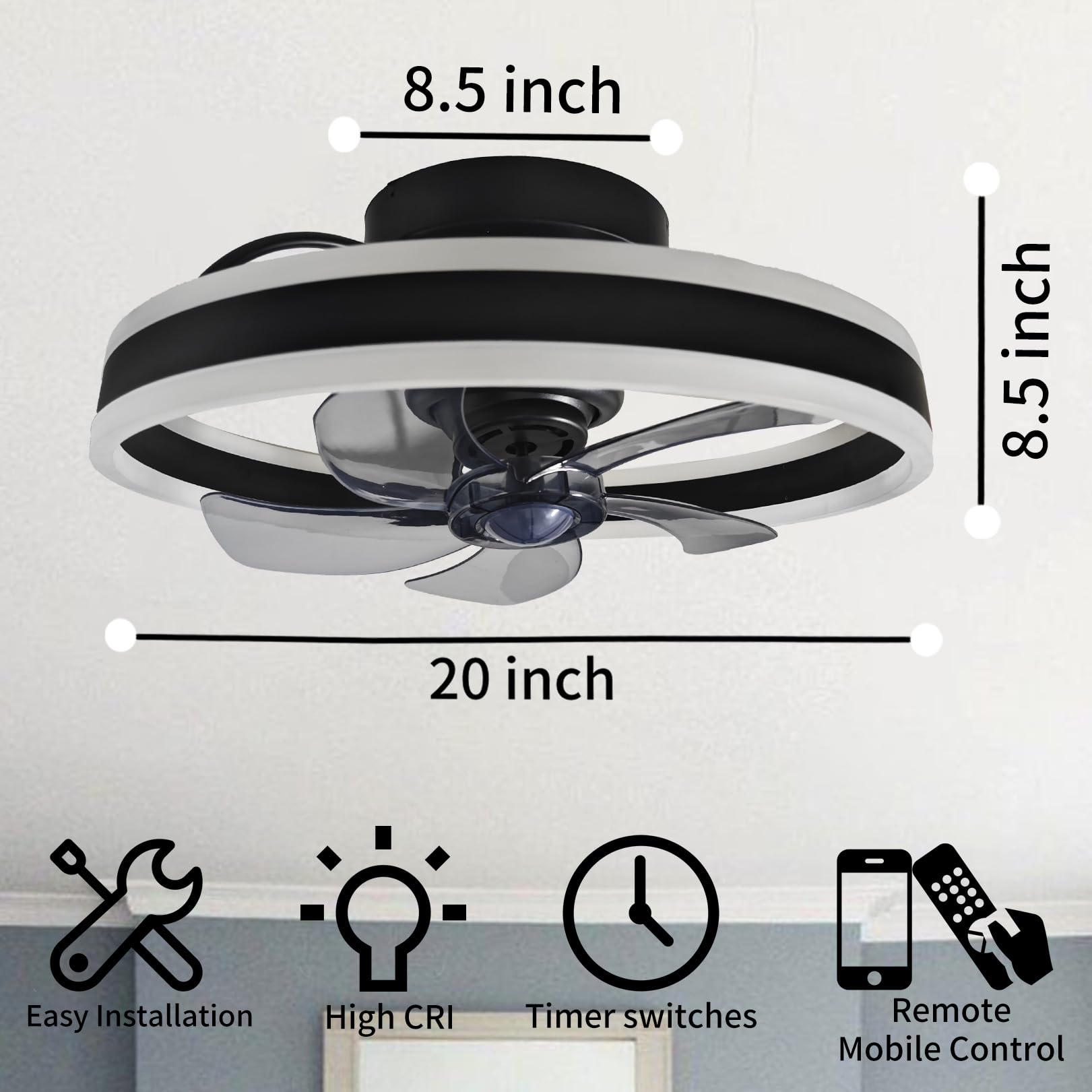 360 Oscillating Low Profile Ceiling Fan With Light(Ventilador De Techo Con Luz),Rotating Remote And App Bluetooth Control,Modern