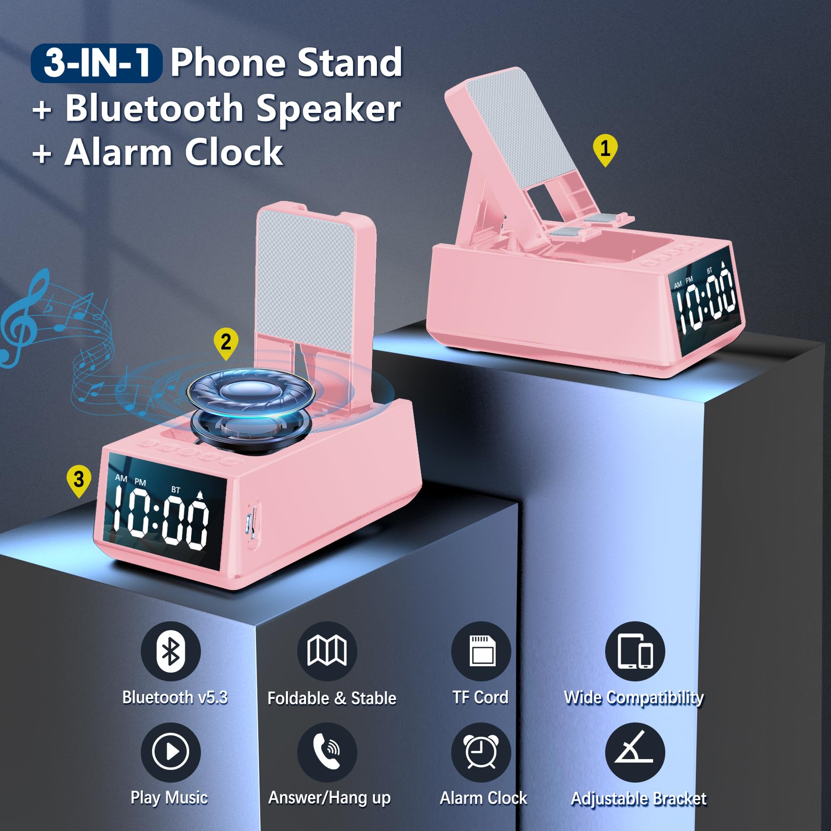 Toiysyy Adjustable Phone Stand With Built In Bluetooth Speaker, Portable With Non Slip Base, Unique Gifts, Tech Gifts For Men, C