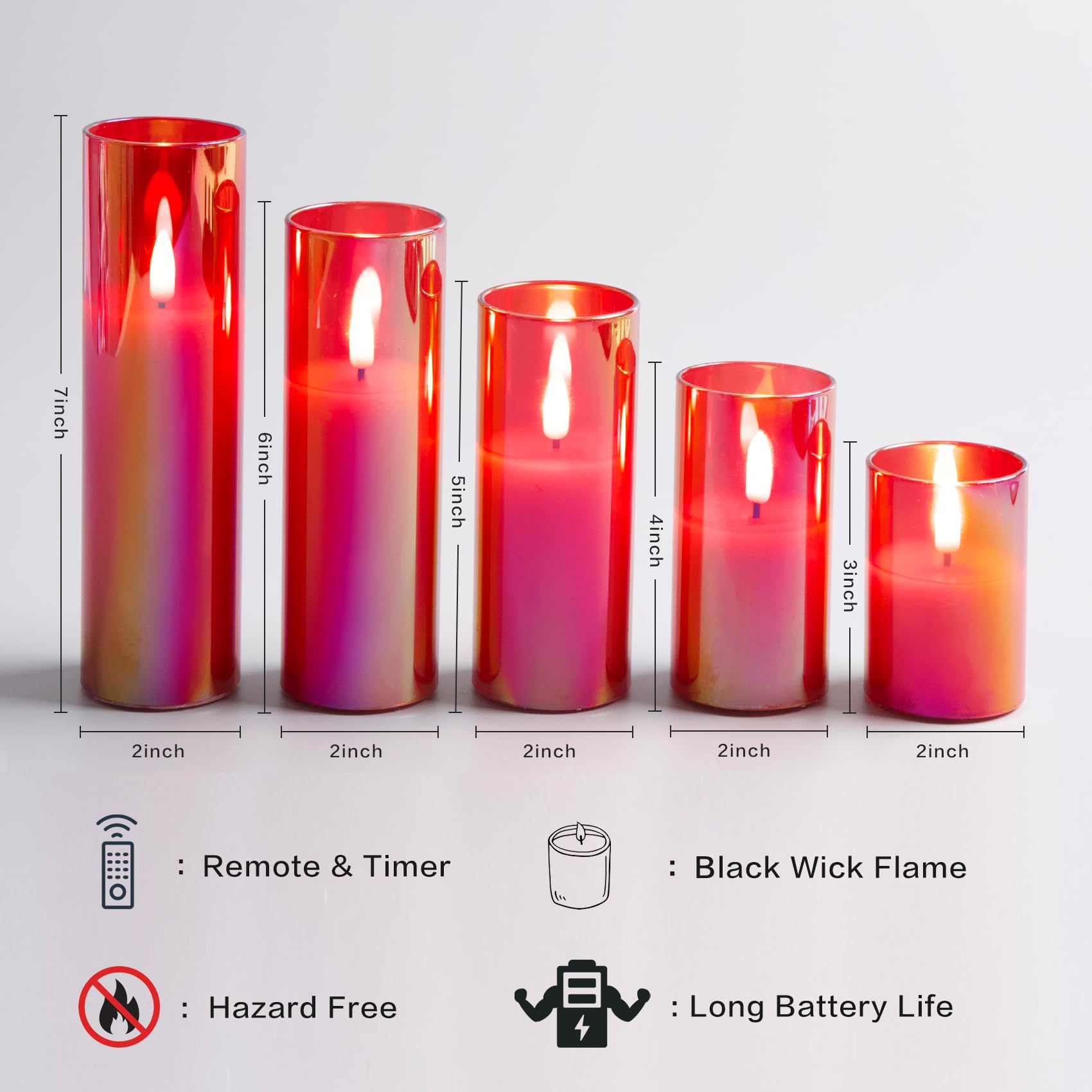 Eywamage 5 Pack Red Glass Flameless Candles With Remote, Flickering Slim Tall Led Pillar Votive Candles Battery Included