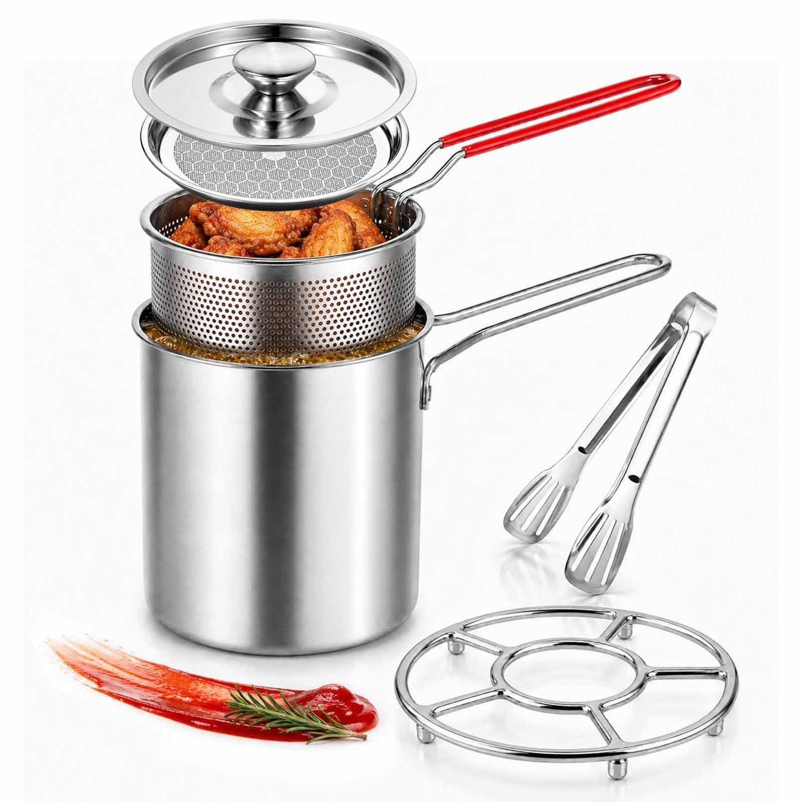304 Stainless Steel Deep Fryer Pot with Basket & Strainer