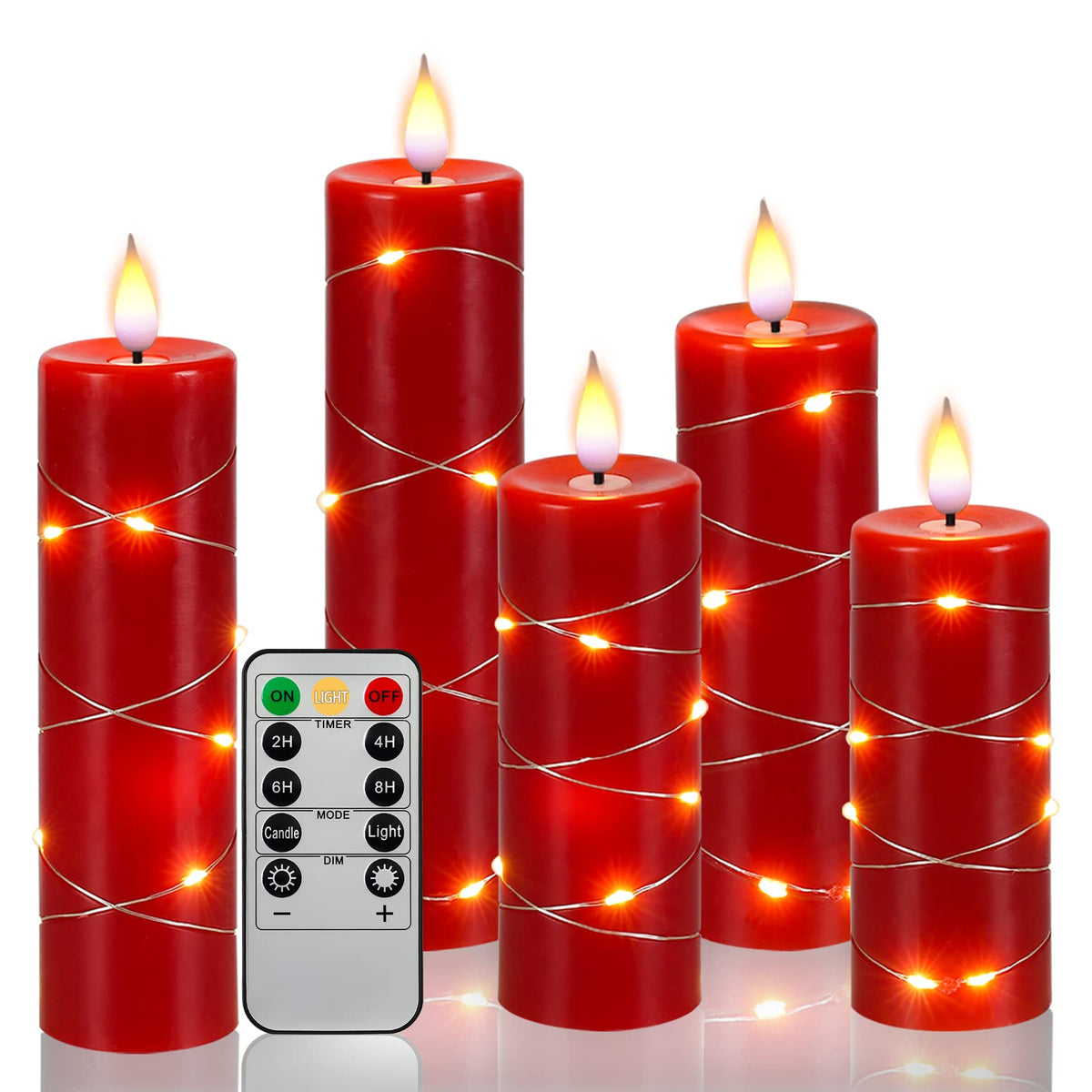 Red Flameless Candle With Remote Control Led Candle With String Lights Battery Powered Flameless Candle4'' 5'' 6'' 7'' 8'' Candl