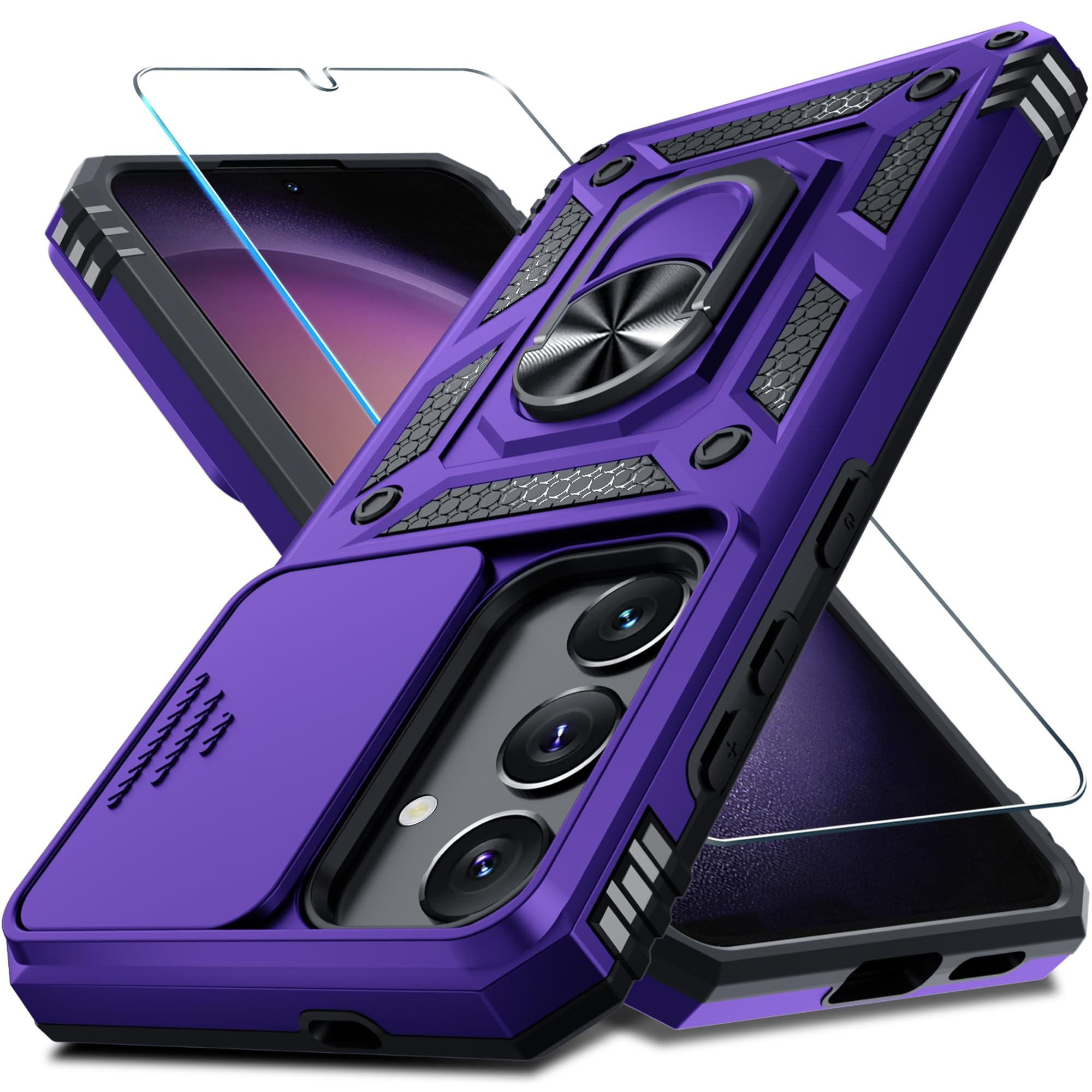 Janmitta Compatible With Samsung Galaxy S24 Case Built In Slide Camera Lens Cover+Screen Protector+Finger Ring Holder Kickstand,