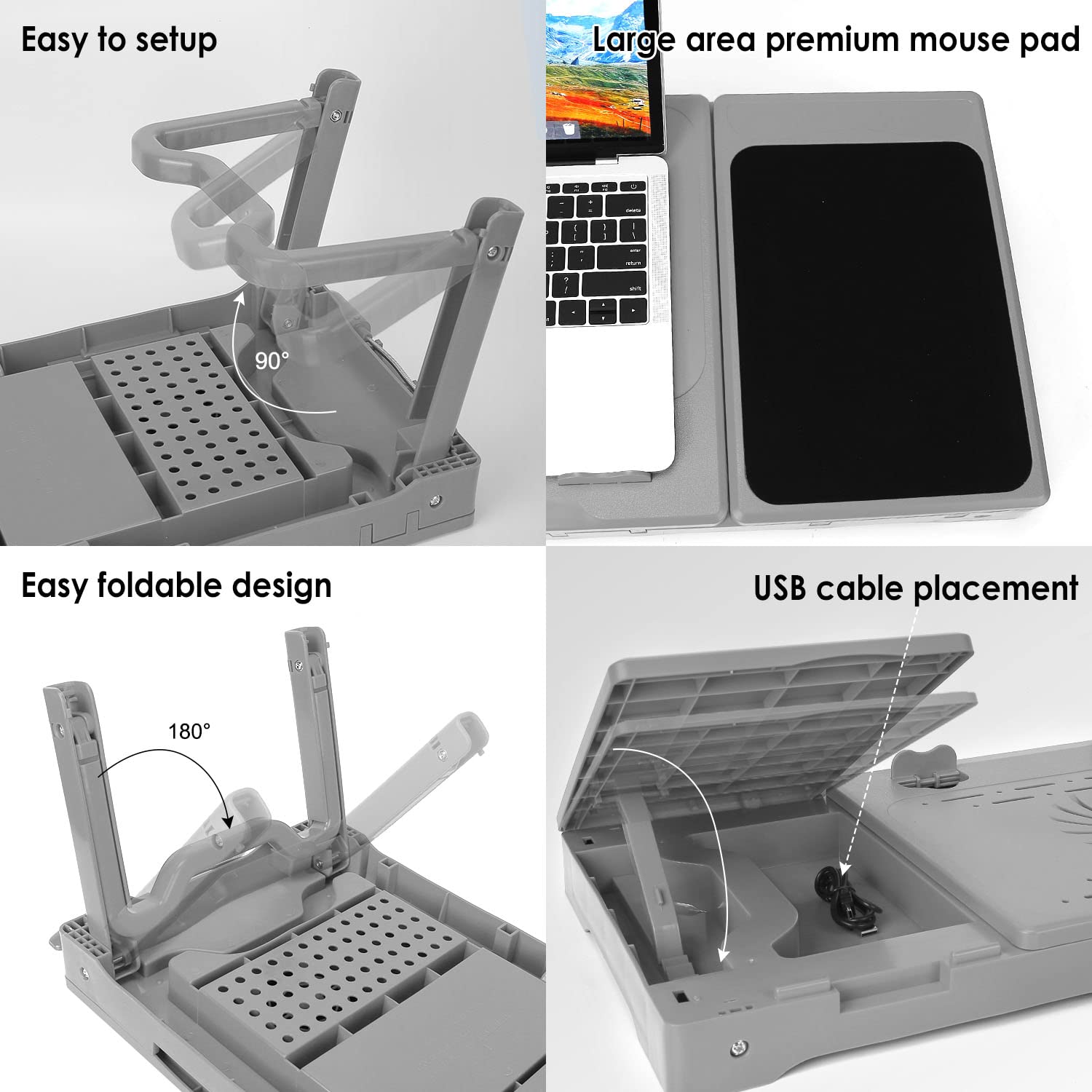 Laptop Stand With Cooling Fan And Mouse Pad,Adjustable Lap Desk For Laptop With Light,Foldable Laptop Table, Lap Stand Bed Tray Desk W/ 4 Usb Port For Bed Couch Sofa Floor (Grey)